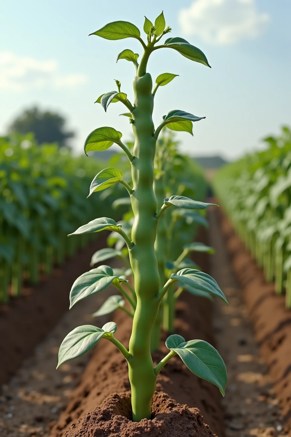 A hyperrealistic, extremely surrealist image of a literal string bean plant with a dumbell that says "5 lbs" on the end. The string bean plant is one of many in the row, but it looks dry and hot outside 