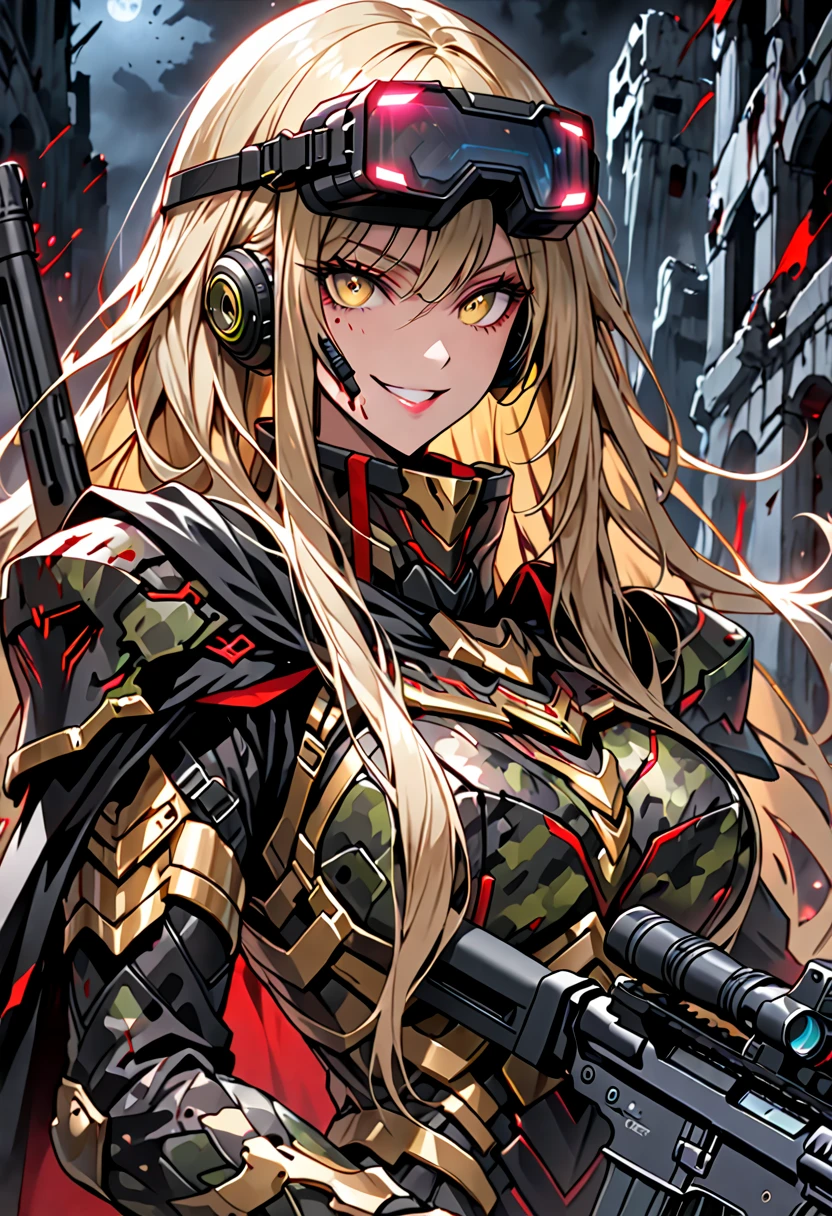 A strikingly alluring female warrior with flowing blonde hair, piercing brown eyes, and a sleek black eye patch covering her right eye, clad in intricately detailed camouflage military attire. This vibrant character portrait exudes a sense of strength and mystery, captured in a hyper-realistic digital painting. The intricate details of her outfit, from the intricate patterns of the camouflage to the subtle shading of her eye patch, are rendered with impeccable precision. The overall composition is dynamic and engaging, drawing the viewer in with its captivating depiction of a fierce and enigmatic warrior.
