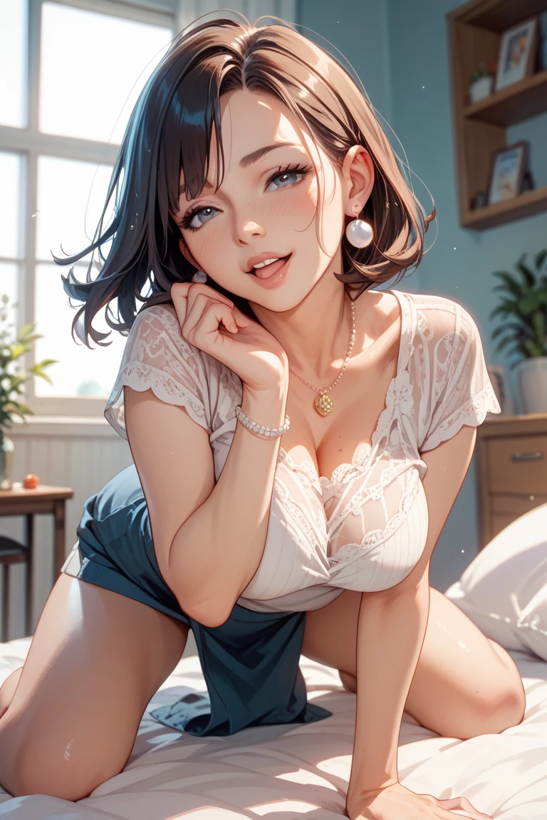 ((highest quality)), ((masterpiece)), ((perfect face))、((the skirt is rolled up))、((show panties))、((Revealing underwear))、(((Heart mark on the eyes)))、black hair、wavy hair、orgasm、flushed face、My whole body is sweaty、Ahegao、camisole