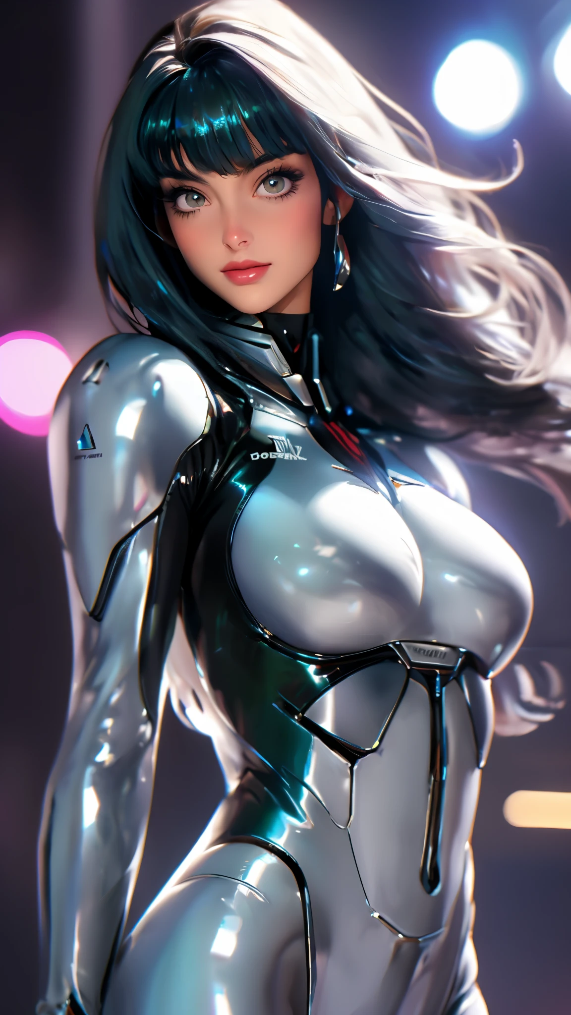 masterpiece, best quality, a beautiful woman with long shiny hair, choppy bangs, delicate face, passionate gaze, perfect smille, blush, seductive expression, tall and fit figure, perfect body, perfect skin, seductive pose, sexy Futuristic Technological Nanogel Clothing, the color scheme is primarily White with Green accents, this character embodies a finely crafted sexy beauty, exquisite and mature art style, goddess, feminine, exquisite photography, depth of field, bokeh, photorealistic, even and soft lighting on face, dramatic, high definition, highres, ultra detailed, professional photo, perfect body proportions, anatomically correct, symmetrical face, extremely detailed eyes and face, perfect eyes, high quality eyes, creativity, RAW photo, UHD, 32k, portrait lighting, cinematic lighting, (masterpiece-anatomy-perfect:1.2)