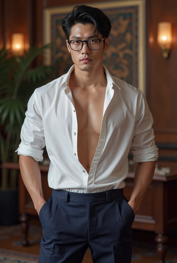 Man in a black top hat, black necktie, with round black glasses, Black Costume,anime styling, anime gentle boy