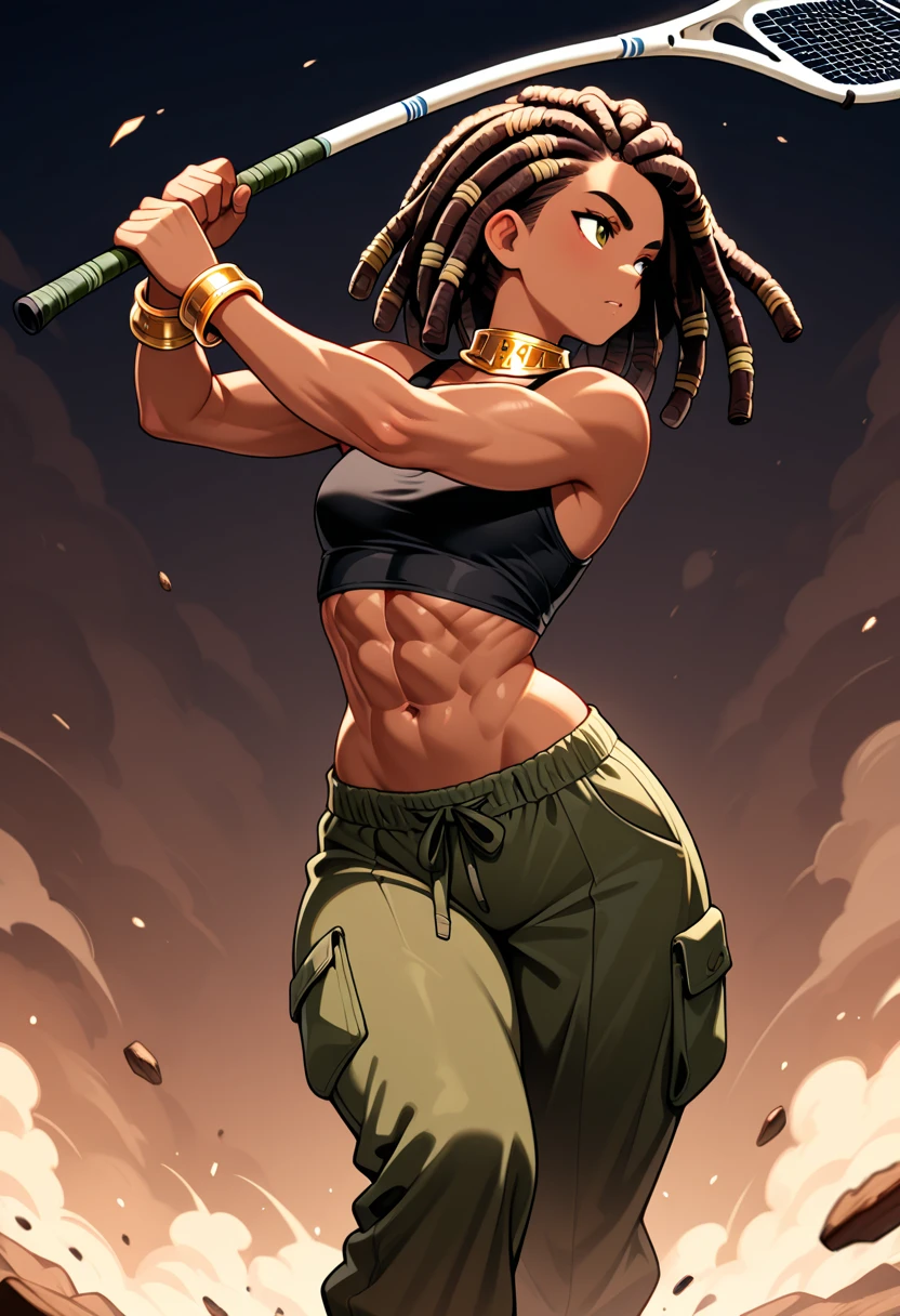 dark skin middle aged small  drugged Jamaican , tired and moody, on drugs, messy black dreads, tattoos, hands wrapped in bandage, ripped shorts, tank top, breasts spillage, holding nunchaku