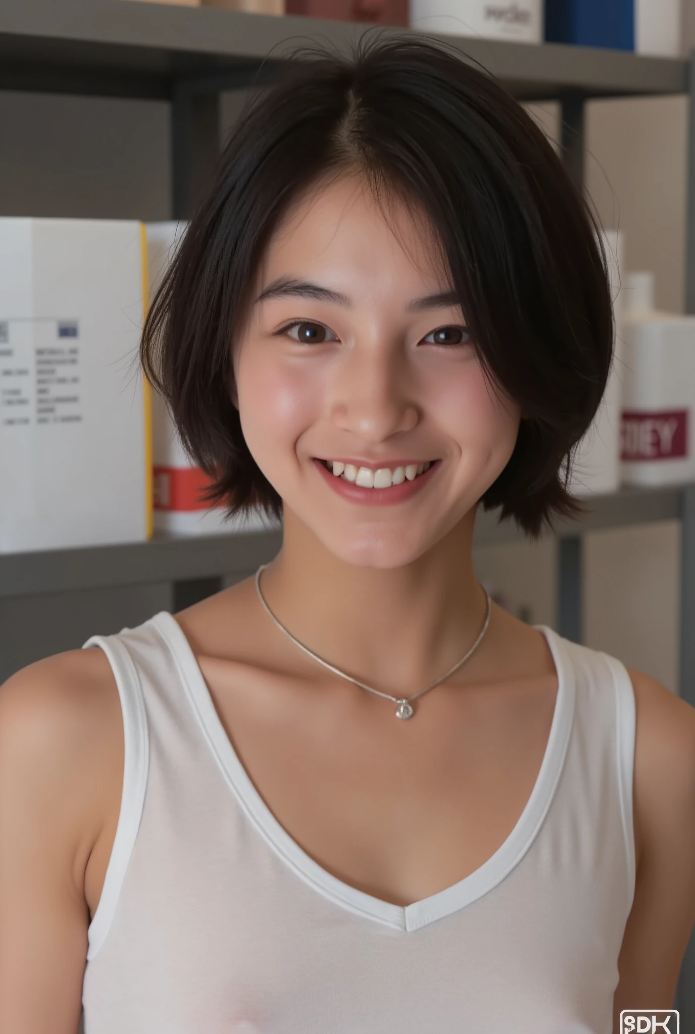 smile:2.0、 (super precise human body structure , Highest Quality 、 RAW photos、8k、32K、masterpiece、 realistic、 Photorealistic:1.37)、images of cute Japanese women removing items from shelves、 tank top、 shot in natural light、 upper body、 1 girl on break day、photo mapping、 Physically Based Rendering、 excellent image quality、 high resolution、1080P、( beautiful face above the castle gate)、( face)、( Detailed description of the handsetter ' muscle area )、( CG Details )、 rich details 、( AMAZING FEATURES :1.35)、( detailed eyes)、I'm looking forward to seeing your eyes、Delicate clavicle、非常にリアルで詳細な若い女性の upper bodyポートレート。 Beautiful skin 、 頬に柔らかなLight is reflected ています.、 Extremely realistic and detailed upper body portrait of a young woman with fine pores and hair roots、 I can see even the thinnest blood vessels 。The skin is smooth、She has a natural flush to her cheeks 、Healthy glow。 eyes are big, clear blue、There is a fine pattern on the iris Mr. .There is、 Light is reflected 、It's shining in the eye。 I have a slight shadow under my eyes 、 Extremely realistic and detailed upper-body portrait of a、Naturally Curly。 Extremely realistic and detailed upper-body portrait of a young woman with gentle pink lips 、 Smooth texture that gives off a natural glow 、 The background is a pale black and white gradient、焦点は完全に顔と upper bodyに当たっている。 realistic shadows and textures、 Pictorial Description.。 The nipples are transparent、((very short hair))