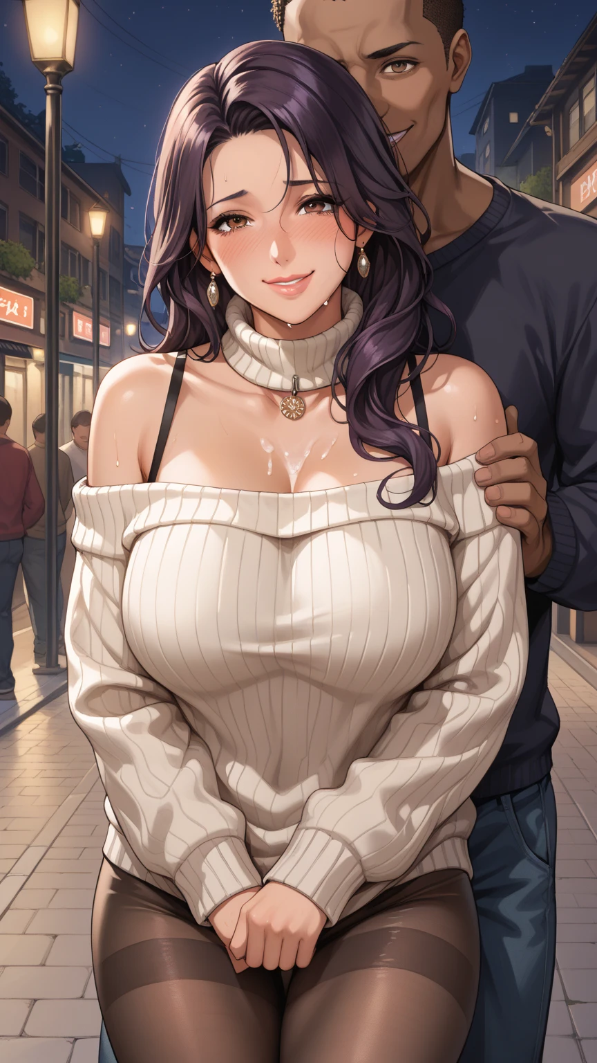 score_9, score_8_up, score_7_up, score_6_up, score_5_up, score_4_up, yu hee, brown eyes, black hair, (large and perfect breasts), long hair, mature woman, 1girl, long_hair, breast, beautiful breast, blush, sweat, purple_eyes, brown_hair, lips, purple_hair, solo, sweater, loose sweater, long sweater, pantyhose, smile, blush, outdoors, night, looking at viewer, bare shoulders, ((((Woman with tears in her eyes and begging for forgiveness ， grabbed from behind by a man ， lean forward 、Arm caught in the back ))), , (((The Man Who Wall a Woman))), (Man smiling and looking at camera)，，seduce strong dark-skinned man，strong dark-skinned man，ugly and bigger strong dark-skinned man， Erection under clothes、huge dick, Big bulge in pants, ,r, Eye contact， Leashed collar, Waiting to sta（wet body）（cum on her body）（sweater