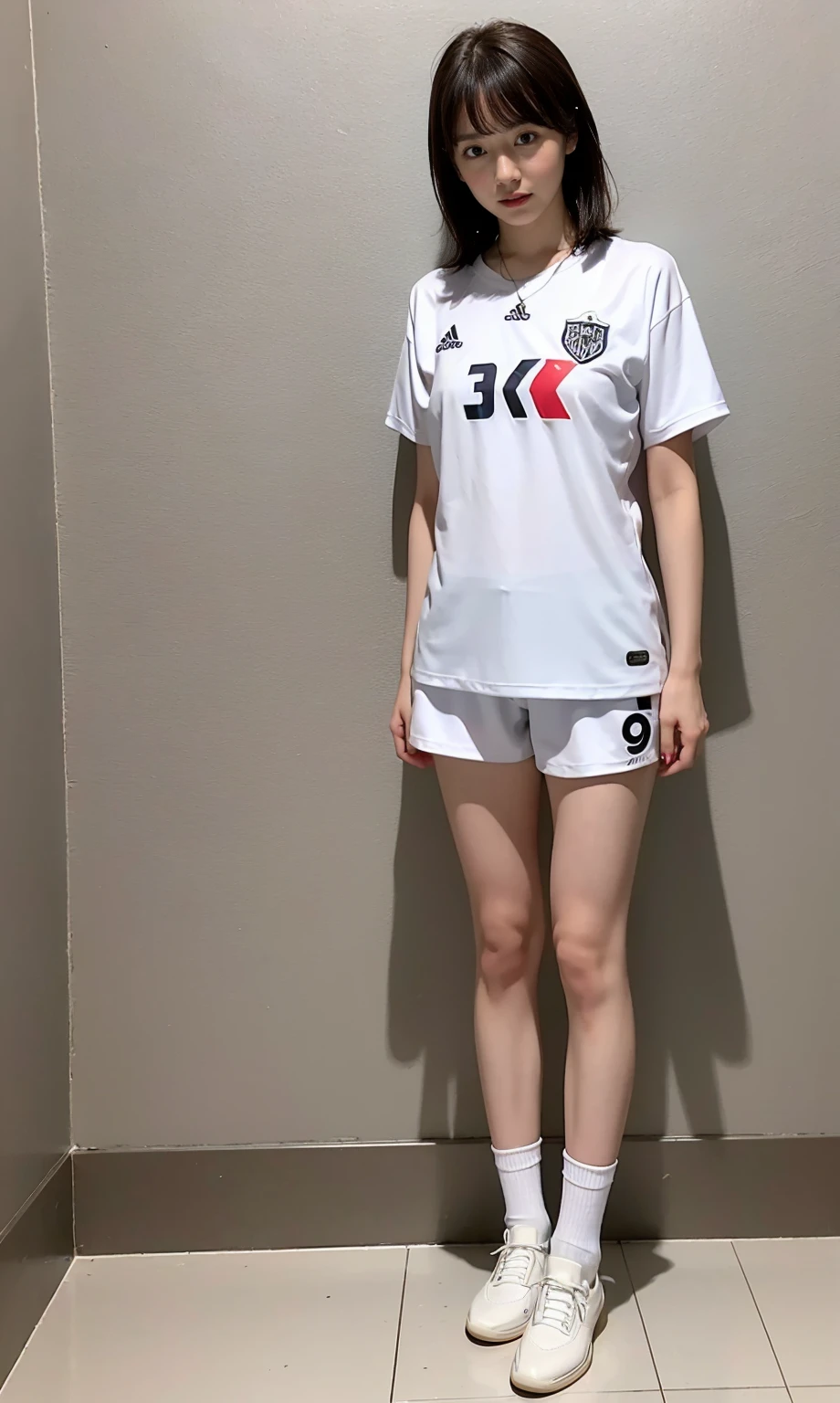 (8k、 RAW Photo、 Highest Quality、masterpiece:1.2)、( realistic 、 realistic )、 girl、 (white soccer wear、Soccer Jersey、underbust、 Long Socks 、shorts)、 lots of eyelashes on the palm、Glowing Eyelids、 is skeletal correct、 sweaty、with bangs、 Medium Hair 、brown hair、 put one hand forward、very exposed、shower room、One-armed bathroom、 high heels、necklace、Single sided glass、Moderately 、Idol-like bangs