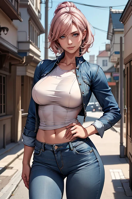 belle, black shirt, white tank top, blouse, cleavage, collarbone, denim, denim shorts, jacket, long sleeves, ((open clothes)), open jacket, partially unzipped, blue jacket, shirt, short shorts, shorts, tank top, track jacket, unzipped, ((large breasts, big hips, tight clothes, cleavage, looking at the viewer)), (abs:0.8), BLUSHED, UNDERBOOB (realistic:1.2), (realism), (masterpiece:1.2), (best quality), (ultra detailed), (8k, 4k, intricate),(85mm),light particles, lighting, (highly detailed:1.2),(detailed face:1.2), (gradients), colorful,(detailed eyes:1.2),(detailed background),detailed landscape, (dynamic angle:1.2), (rule of third_composition:1.3), (Line of action:1.2)
