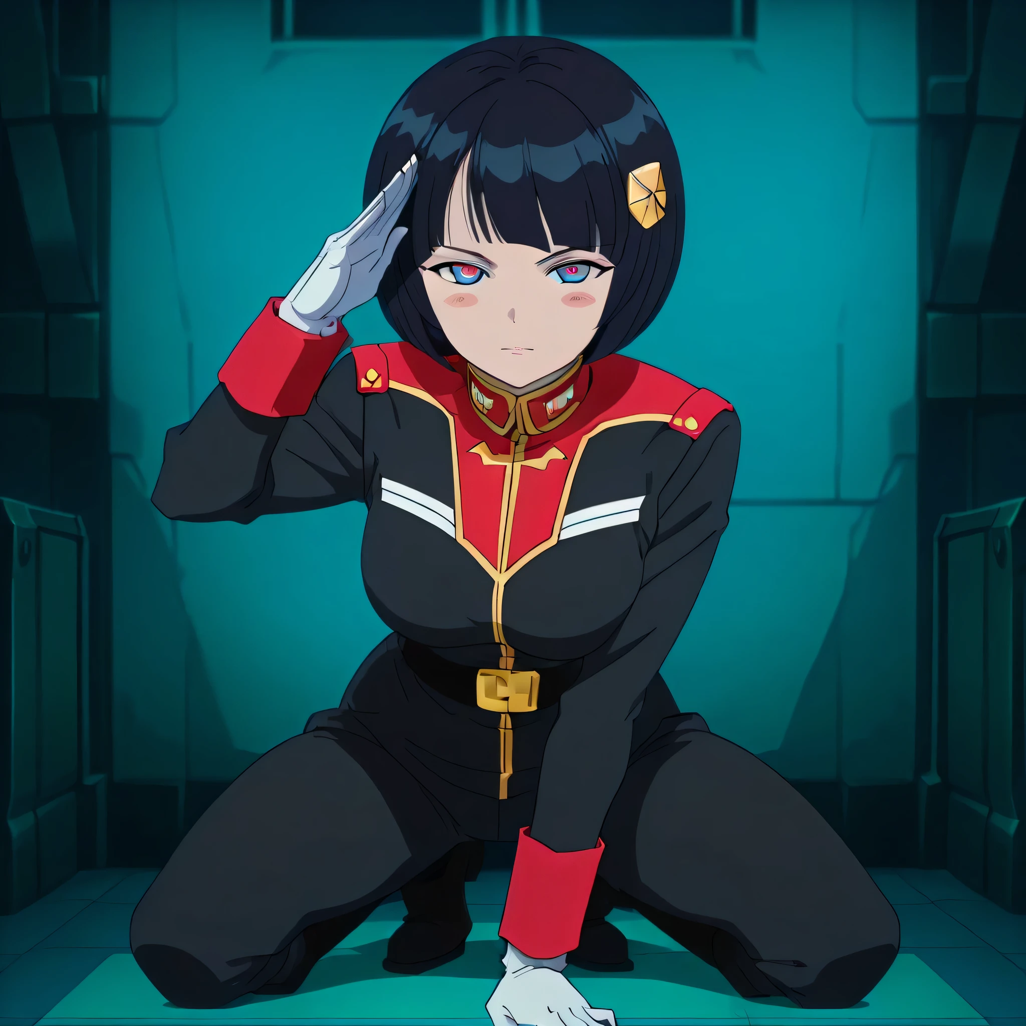 ultra-High resolution, score_9,score_8_up,score_7_up,score_6_up,score_5_up,score_4_up, BREAK, source_anime, anime screencap, uncensored, rating_explicit, Masterpiece, curvy, dark persona, looking at viewer, Fighting Stance, (((solo, 1girl))), hair ornament, (((zabiarov, military uniform, white gloves, black pants, boots, black uniform))), ZetaGBTT, seductive pose, submissive pose, large breast, shiikosugai, short hair, multicolored eyes, blue eyes, black hair, bob cut, bangs, blush stickers, salute, saluting, military, military base