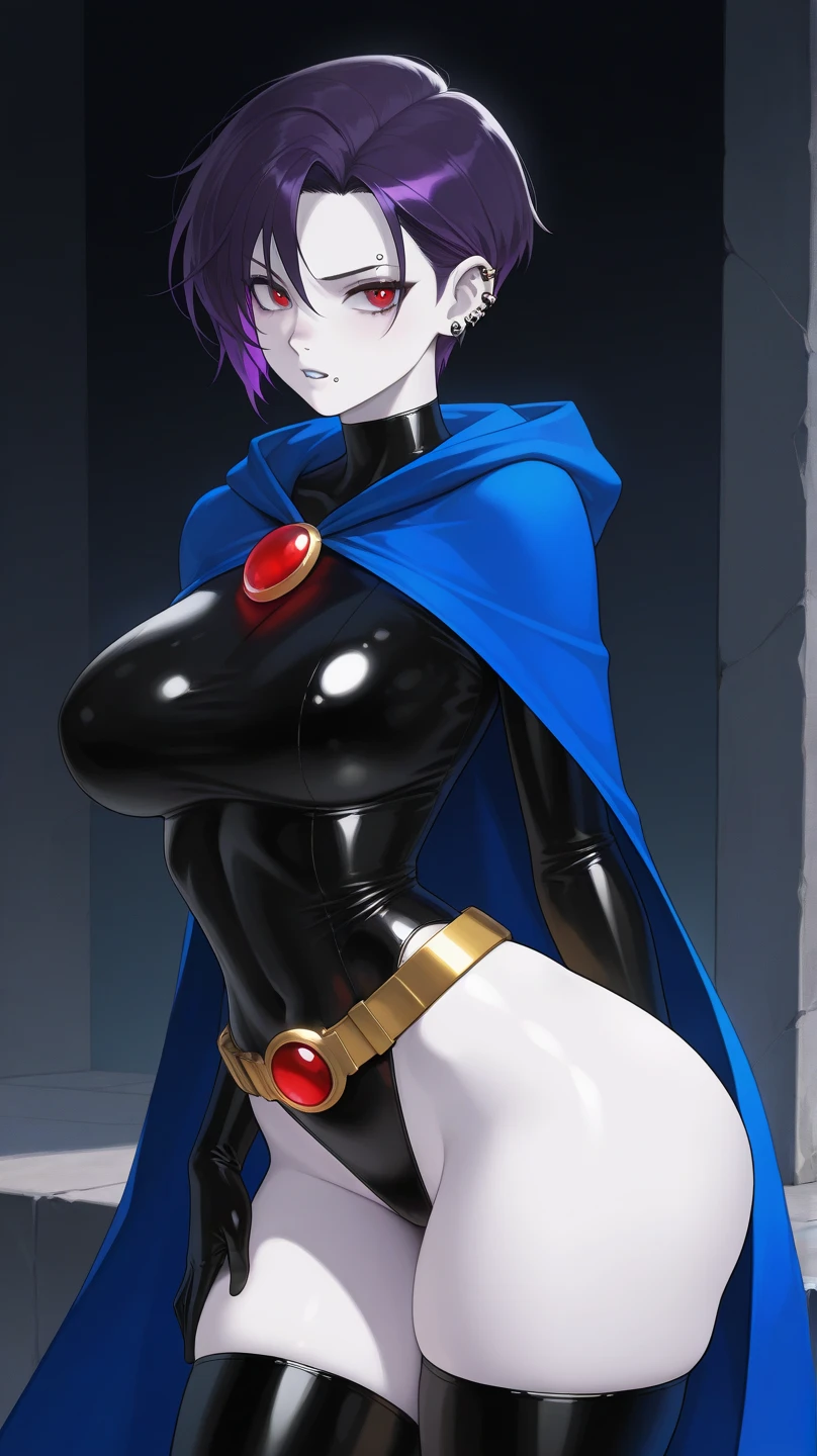 (masterpiece), best quality, (ultra highres), detailed eyes, RavenTT, navy-blue cloak, brooch, leotard, belt, gray skin, huge boobs,