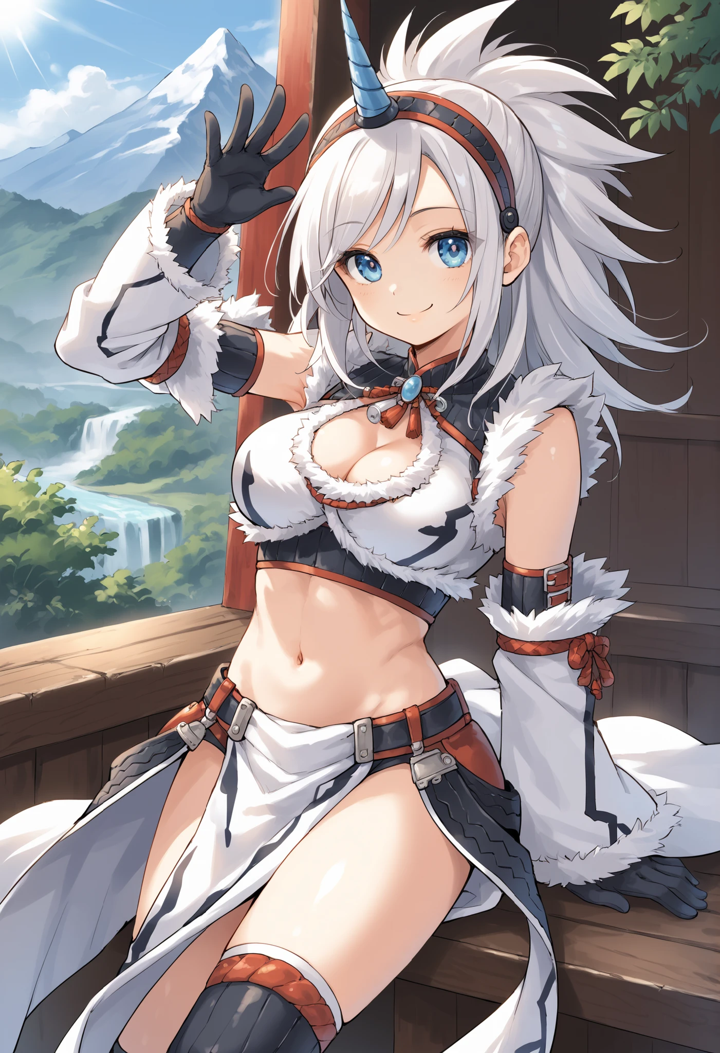 best quality, integrated scenery, integrated background, extremely delicate and beautiful, meticulous details, good composition, , cute face, perfect face,( score_9:0.9), score_8_up, score_7_up,rating_safe, anime style,(zPDXL), Armor , young_girl, Alone, single_purple_horn Hairband, Blue Eyes, , belly button,large_breasts, white loincloth, white kimono sleeve , smile, mountain background, monochrome, white bandeau, armpit,raise_arm,(abs:0.65),smile,spiky_bangs,sunlight,spikey_shaggy_hair,oil,knee-highs,large_breasts, Waving_one_hand