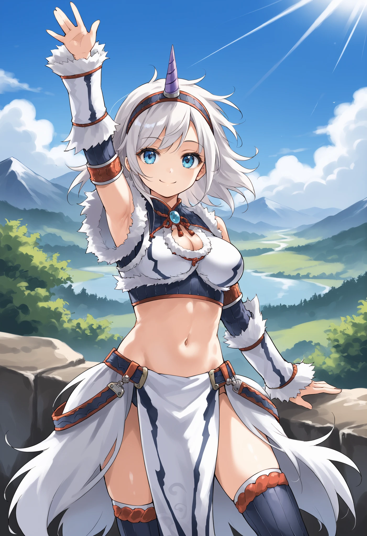 best quality, integrated scenery, integrated background, extremely delicate and beautiful, meticulous details, good composition, , cute face, perfect face,( score_9:0.9), score_8_up, score_7_up,rating_safe, anime style,(zPDXL), Armor , young_girl, Alone, single_purple_horn Hairband, Blue Eyes, , belly button,large_breasts, white loincloth, white kimono sleeve , smile, mountain background, monochrome, white bandeau, armpit,raise_arm,(abs:0.65),smile,spiky_bangs,sunlight,spikey_shaggy_hair,oil,knee-highs,large_breasts, Waving_one_hand