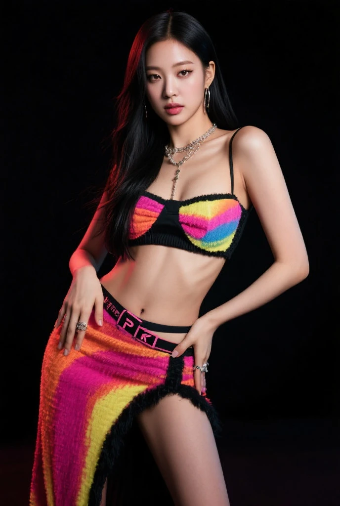 best quality, masterpiece, Fashion with a piece of fabric that exposes almost the entire upper body, H-shaped skirt that reveals more than 10cm above the knees, High heels that are very flashy and have a heel of more than 7 cm., large, colorful necklace, large and colorful earrings, large and colorful bracelets, Stockings with colorful and unconventional colors and patterns, Underwear with flashy and unconventional colors, patterns and shapes