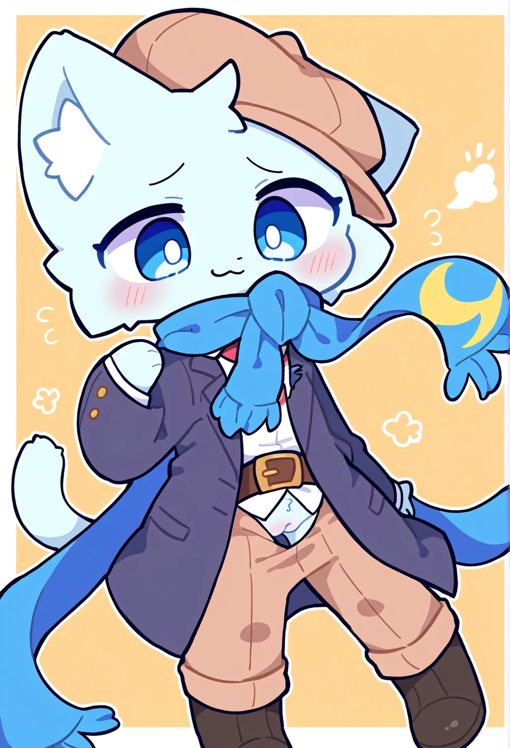 The character is a stylized doll, with a cute and urban look. He wears a dark blue overcoat with details in light blue. The coat has a stylish cut and on the back there is a blue triangular symbol with white borders. He also wears dark pants, black boots and a belt with a metal buckle.
In the look of the head, the character has a hat style "newsboy" gray and white cat ears that come out over the hat, which gives an extra charm. The face is simple, with a sad or worried expression — with a black tear flowing from one eye. He also wears a vibrant blue scarf wrapped around the neck.
The character is left with an even more simplified and cute little face.
Quick summary : a stylish doll with a blue overcoat, with cat ears , vibrant scarf and a melancholic air, furry fofo, showing pussy, blue skin color, Kind of sad face, :3, muito sexy, out