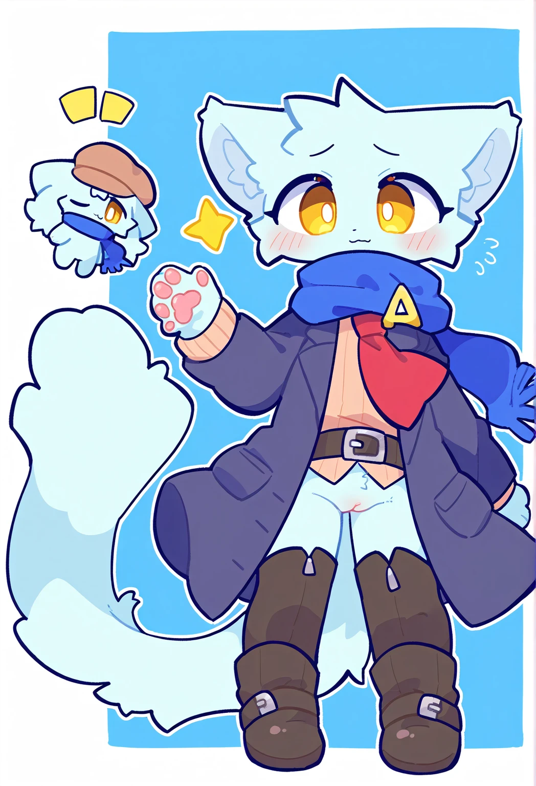 The character is a stylized doll, with a cute and urban look. He wears a dark blue overcoat with details in light blue. The coat has a stylish cut and on the back there is a blue triangular symbol with white borders. He also wears dark pants, black boots and a belt with a metal buckle.
In the look of the head, the character has a hat style "newsboy" gray and white cat ears that come out over the hat, which gives an extra charm. The face is simple, with a sad or worried expression — with a black tear flowing from one eye. He also wears a vibrant blue scarf wrapped around the neck.
The character is left with an even more simplified and cute little face.
Quick summary : a stylish doll with a blue overcoat, with cat ears , vibrant scarf and a melancholic air, furry fofo, showing pussy, blue skin color, Kind of sad face, :3, muito sexy, out