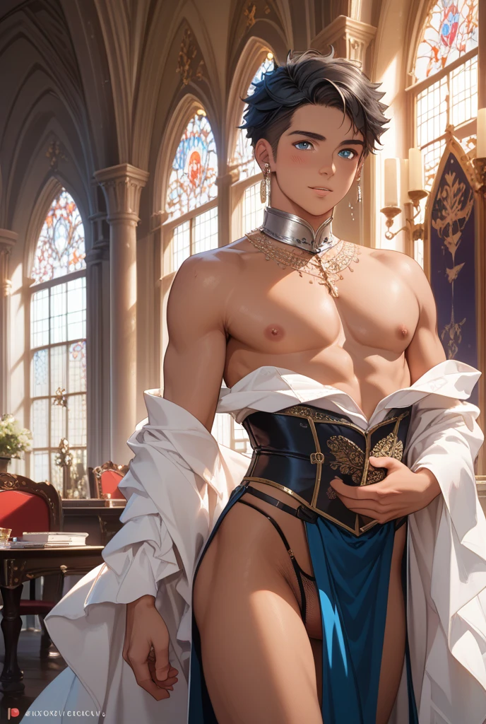 absurdres, highres, ultra detailed, HDR, master piece, best quality, Wriothesley, black hair, expressive blue eyes, Genshin Impact, solo, sexy man, handsome, horny, lewd, black priest robes, accessories, showing the chest, cross necklace, priest, white gloves, fantasy, magical, white roses, white petals, blue sky, church, Nu Carnival