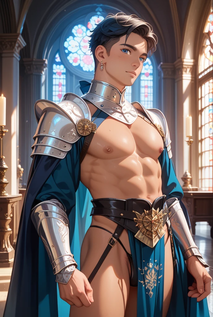 realistic, masterpiece, intricate details, detailed background, depth of field, muscular, Photo of a handsome Korean magician, american man, 25 years old, Linen Gold hair color and short hair), voluptuous crotch, Mercury planet spell, sorcerer, wearing a long hooded cloak, sexy muscular, wearing a thong, pectoral focus, earthmaniac, white skin, pale