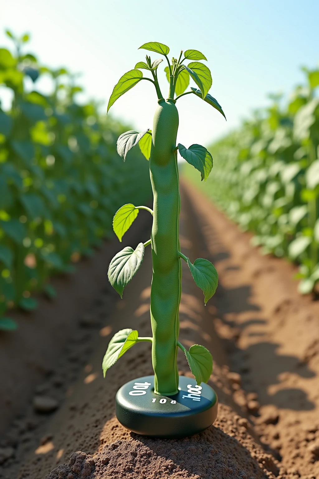 A hyperrealistic, extremely surrealist image of a literal string bean plant with a dumbell that says "10 lbs" on the end. The string bean plant is one of many in the row, and it looks a little bigger and healthier than the others. it looks dry and hot outside. 
