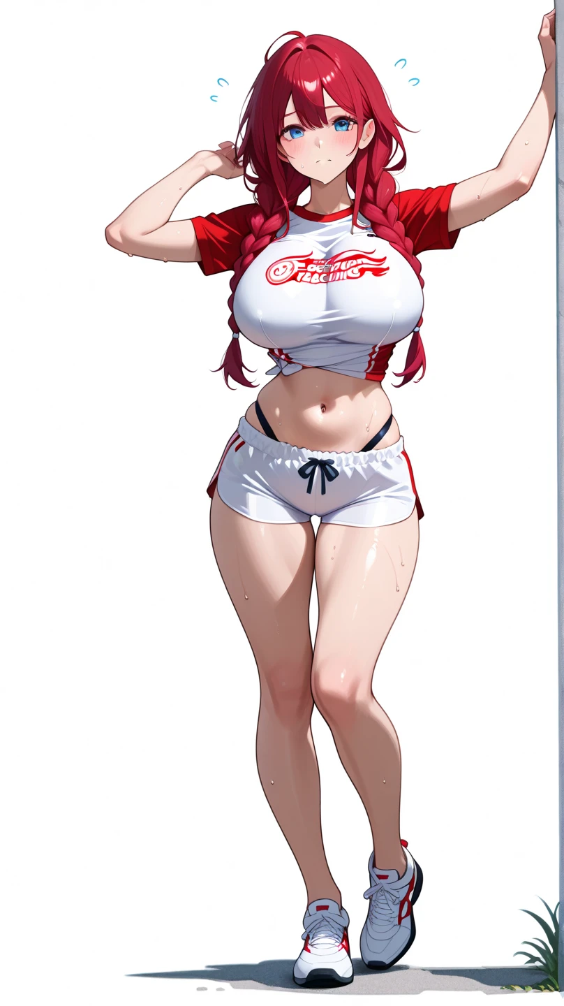 ((Masterpiece, highest quality; 1.3)), super quality, beautiful detail, super detailed, extra fine, 16K, exquisite, absurd, high resolution, beautiful background, detailed background, beautiful eyes, beautiful skin, anime style, Kay from Dirty Pair in a white outfit, tight outfit, cleavage, bushy redhead beauty, very light blue uniform, wearing tight clothes, skimpy, (mid chest: 1.2), cleavage, cleavage, slim waist , thin waist, slim thighs, thin legs, slim legs. thigh gap, showing stomach, skinny, thin hips, cyberpunk city background, holding retro space gun , headband,