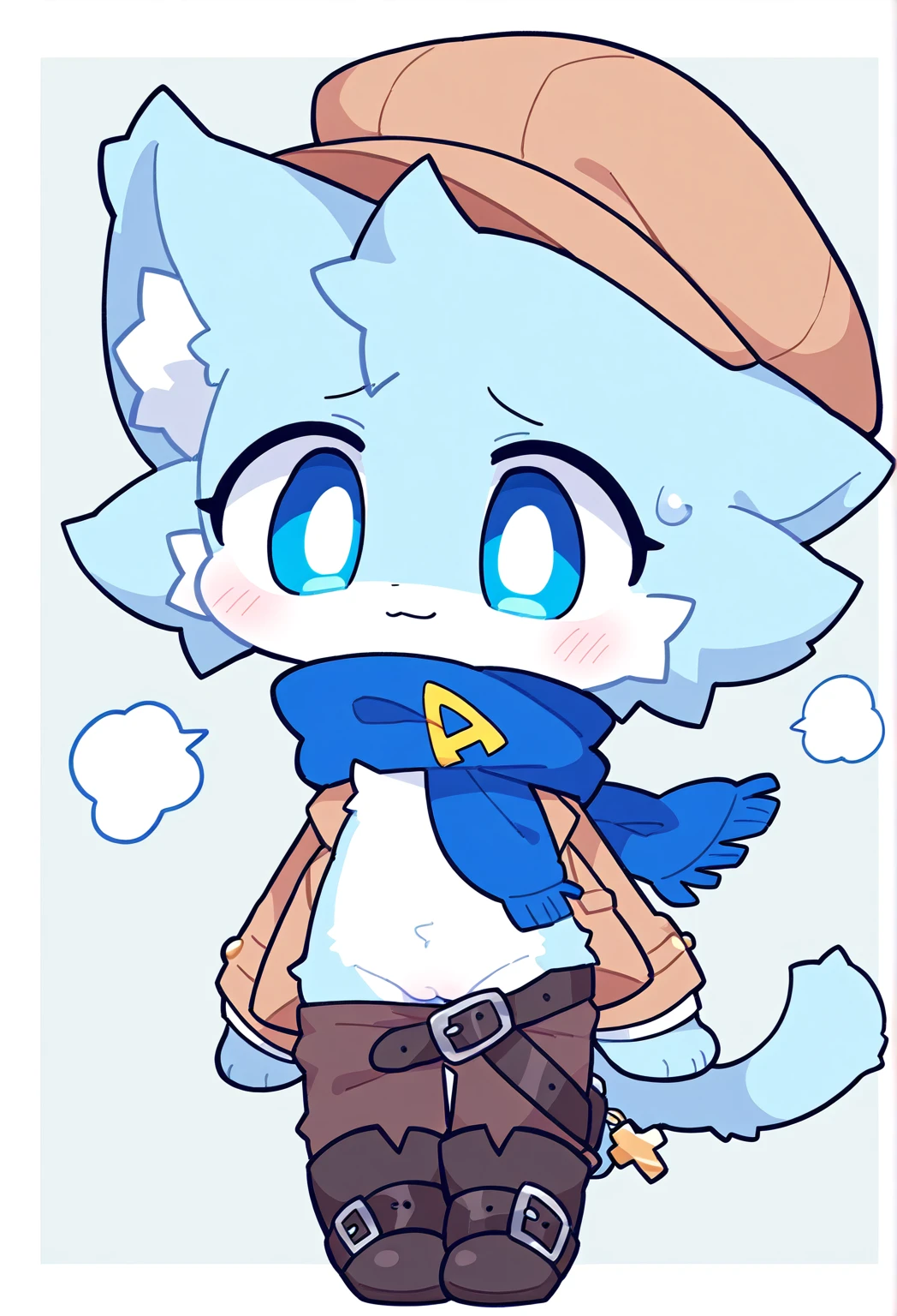 The character is a stylized doll, with a cute and urban look. He wears a dark blue overcoat with details in light blue. The coat has a stylish cut and on the back there is a blue triangular symbol with white borders. He also wears dark pants, black boots and a belt with a metal buckle.
In the look of the head, the character has a hat style "newsboy" gray and white cat ears that come out over the hat, which gives an extra charm. The face is simple, with a sad or worried expression — with a black tear flowing from one eye. He also wears a vibrant blue scarf wrapped around the neck.
The character is left with an even more simplified and cute little face.
Quick summary : a stylish doll with a blue overcoat, with cat ears , vibrant scarf and a melancholic air, furry fofo, showing pussy, blue skin color, Kind of sad face, :3, muito sexy, out
