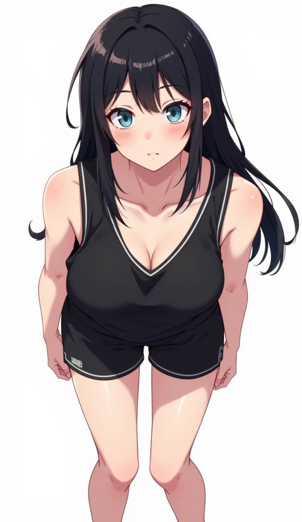 (best quality, masterpiece:1.2), 1girl, solo, cute, smile,  detailed background, (looking at viewer, solo focus:1.2), light on face, sky, blue sky, sunlight, lens flare, depth of field, scenery, closed mouth, osaka shizuku, long hair, hair ribbon, blue eyes, black hair, straight hair, workout, hot, sweating, sweaty, purple clothes, see thru, yoga pants, (obesity:1.4), ((wide hips)), (Bottom Heavy:1.3), ((fat folds)), ((chubby, fat arms)), (fat rolls, wide belly:1.2),