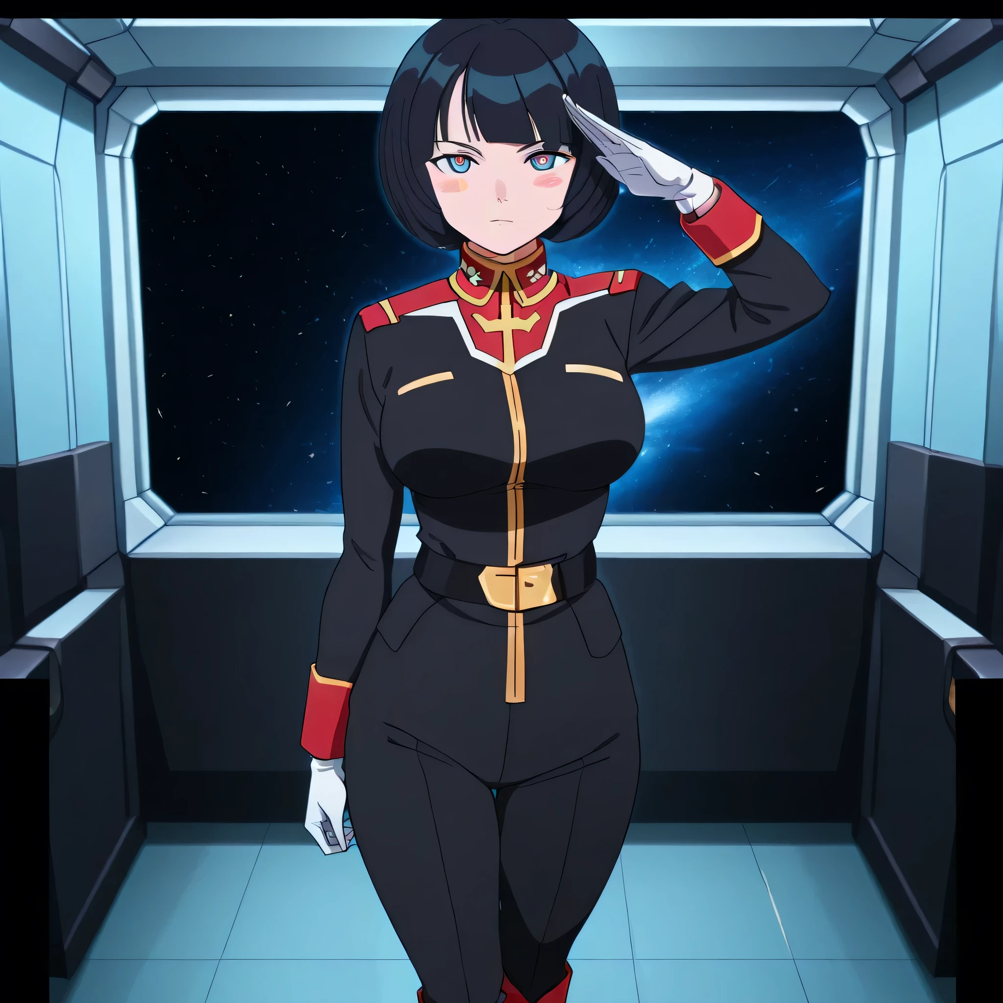 ultra-High resolution, score_9,score_8_up,score_7_up,score_6_up,score_5_up,score_4_up, BREAK, source_anime, anime screencap, uncensored, rating_explicit, Masterpiece, curvy, dark persona, looking at viewer, Fighting Stance, (((solo, 1girl))), hair ornament, (((zabiarov, military uniform, white gloves, black pants, boots, black uniform))), ZetaGBTT, seductive pose, submissive pose, large breast, shiikosugai, short hair, multicolored eyes, blue eyes, black hair, bob cut, bangs, blush stickers, Salute, saluting, spaceship interior, window, space, standing