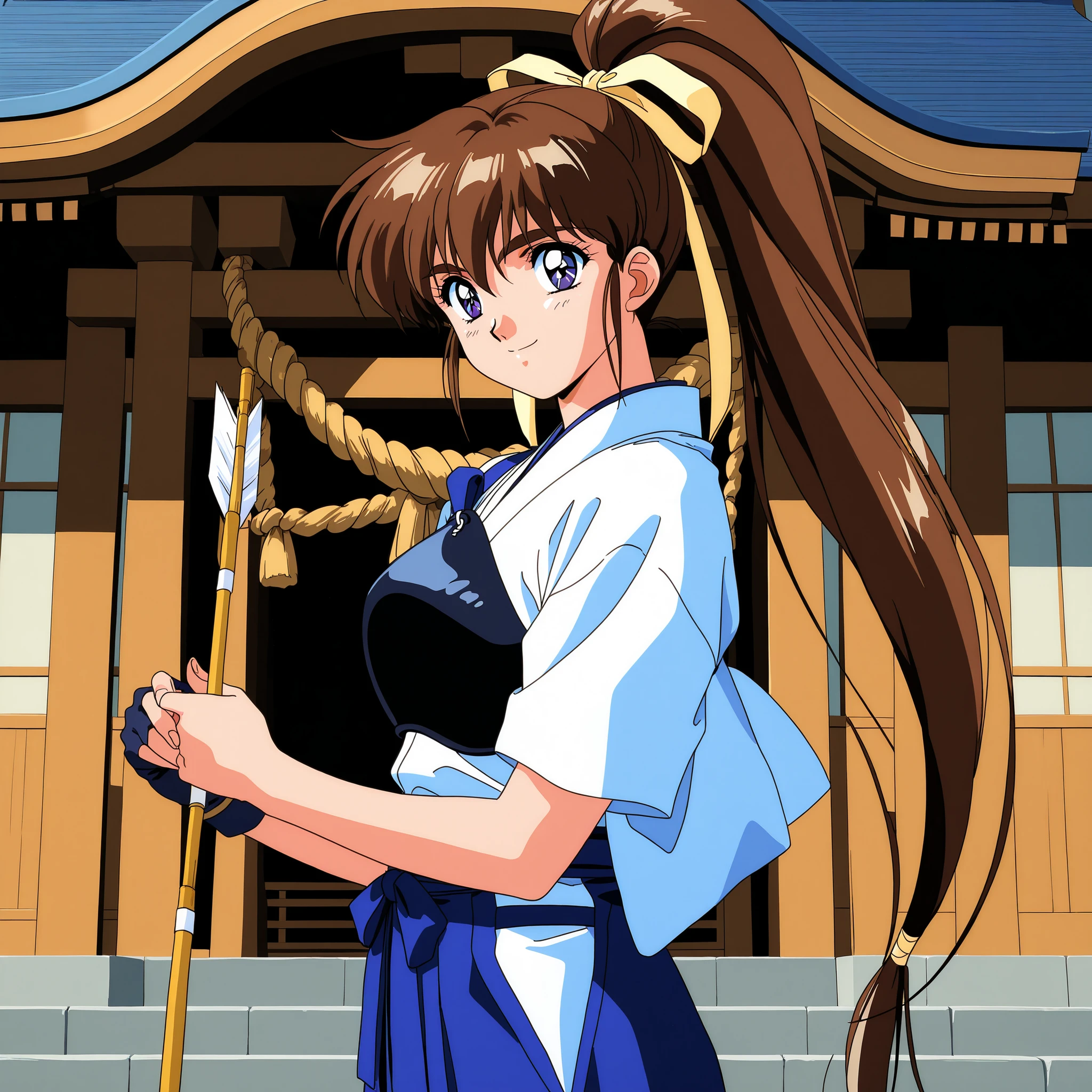 1girl,solo,general,highres, ultra-detailed,very aesthetic,best quality ,best hands, perfect anatomy, BREAK Amatsu_Ai, brown hair, ponytail, very long hair, ribbon, hair ribbon, hair bow, breasts, blue eyes, bangs, purple eyes, high ponytail, 1990s \(style\),anime coloring, BREAK,kyudo wear,kyudogi,dark blue hakama skirt,hakama,kyuudou,yugake,muneate,japanese clothes,right hand glove,single glove,pinky and ring fingerless glove,right hand holding a arrow,shrine,from side,smile,