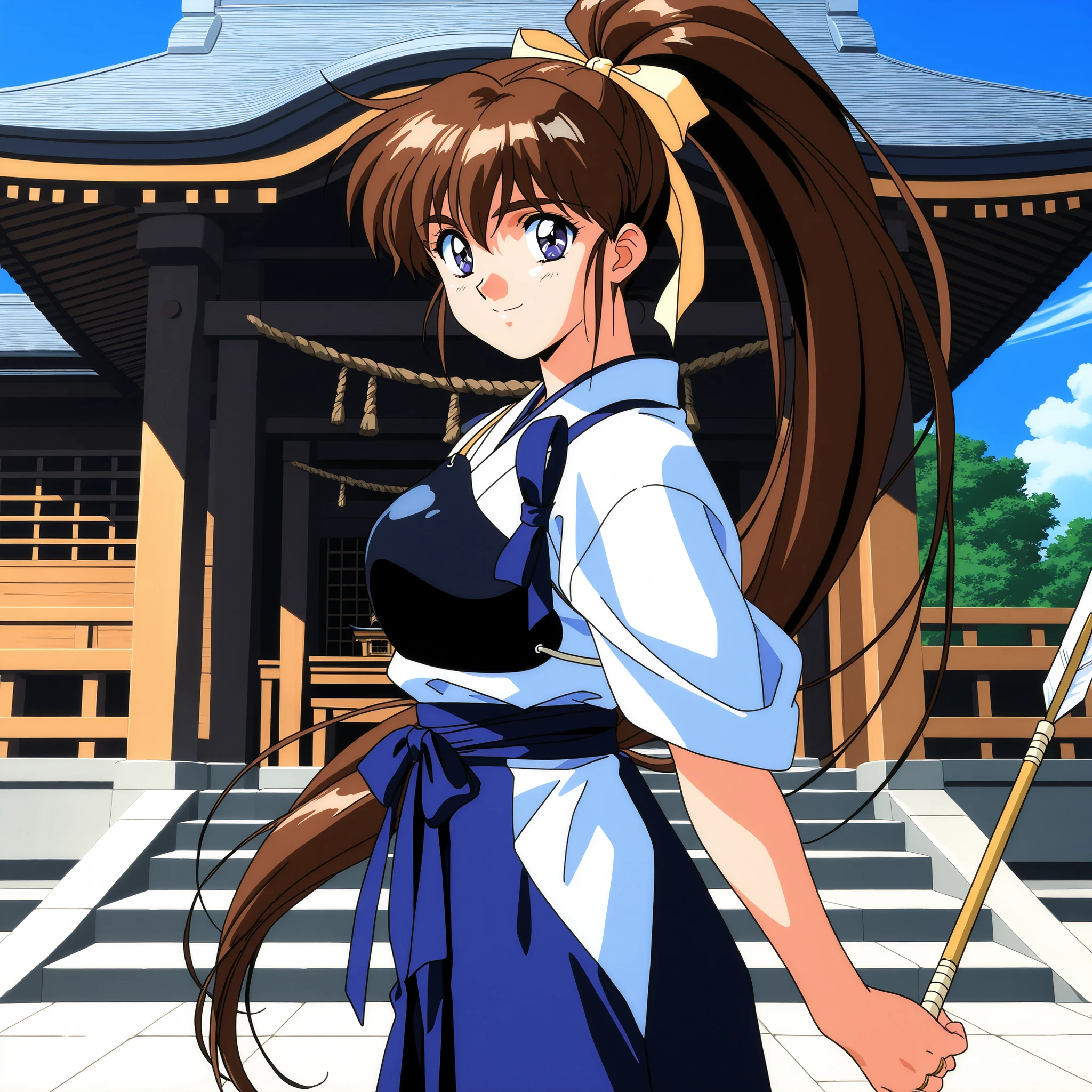 1girl,solo,general,highres, ultra-detailed,very aesthetic,best quality ,best hands, perfect anatomy, BREAK Amatsu_Ai, brown hair, ponytail, very long hair, ribbon, hair ribbon, hair bow, breasts, blue eyes, bangs, purple eyes, high ponytail, 1990s \(style\),anime coloring, BREAK,kyudo wear,kyudogi,dark blue hakama skirt,hakama,kyuudou,yugake,muneate,japanese clothes,right hand glove,single glove,pinky and ring fingerless glove,right hand holding a arrow,shrine,from side,smile,