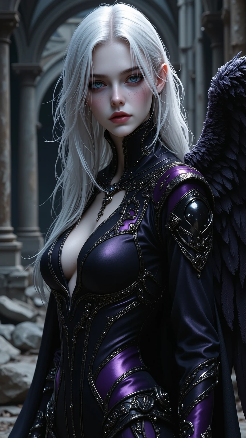 8k,A hyper-realistic,(masutepiece, Best Quality) Daniela Dimitresc, 1womanl, white  hair,Looking at Viewer, Open mouth, Blonde hair, Background, cleavage, real looking skin,Jewelry, medium small breasts, Underwear, Looking, Upper body, flower, Wings, teeth and fangs, hoods, Necklace, Cape, Bra, makeup, bug, lip stick,Inside the dark cave, Pedras preciosas, pale skin, veils,紫色の hoods up, Realistic, Black lips,超A high resolution,Purple Flame(purple effect),A sexy,