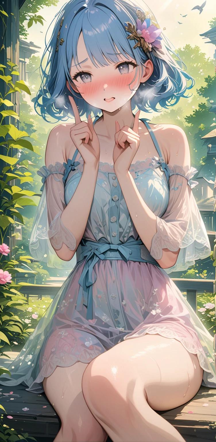 Beautiful mature Japanese woman aged 55, Long eyelashes, Super Short Hair, Red lipstick, Pearl Necklace, Earrings, Dark eyeshadow, Large Breasts, Big Breasts, Cleavage, Floral Dress, Lying in the meadow, Green Grass, Sleep on your back, Reaching out