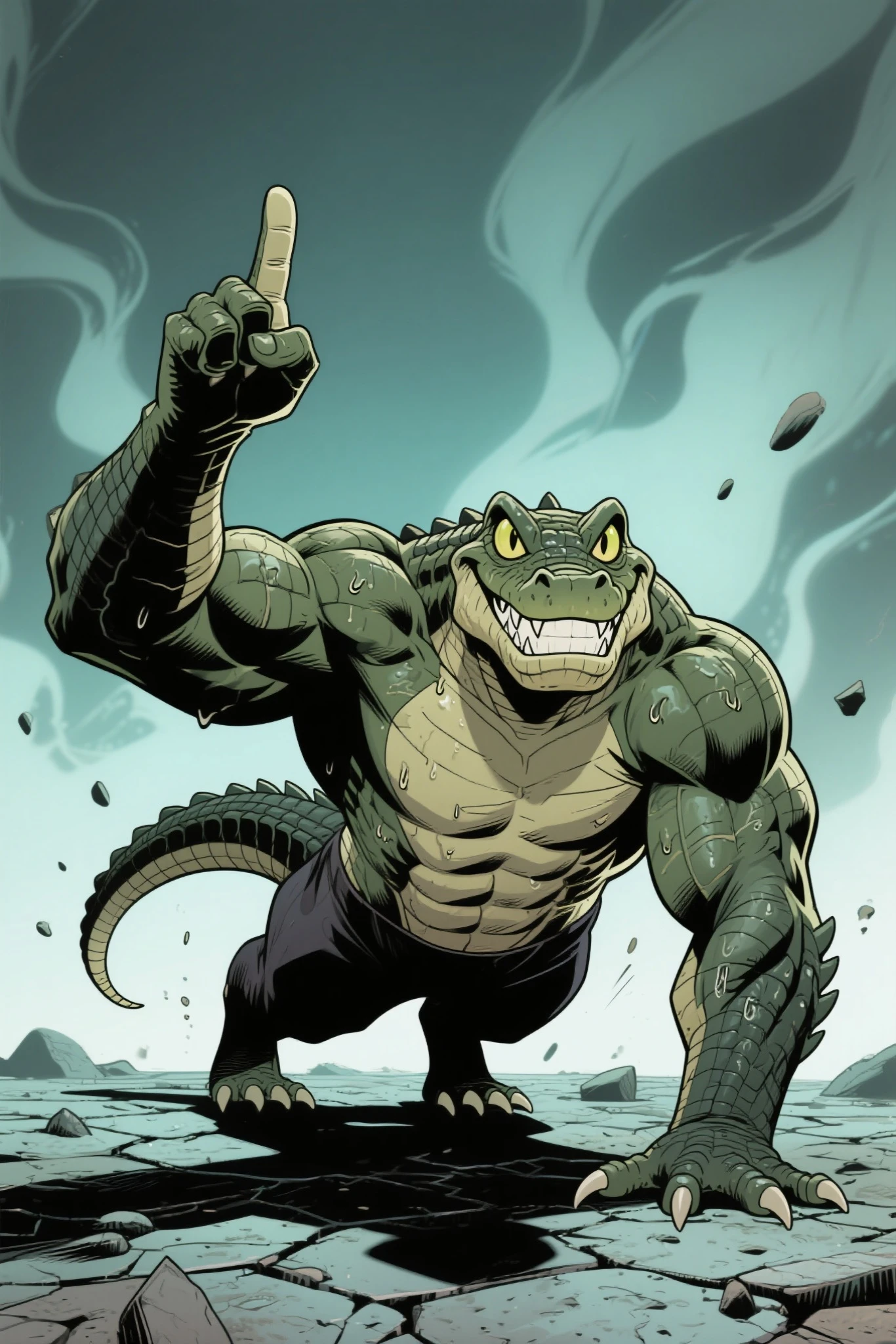 with a sharp face and a confident smile々The alligator man from、Doing push-ups with only one index finger,with his other hand on his lower back,his body is tense and tight,raised muscles and blood vessels that stand out,Sweaty on the skin,He is muscular々、has impressive, otherworldly eyes,The ground under his fingers、is cracked over under that pressure,scene Is A dynamic, powerful and humorous atmosphere,mystical atmosphere,animation cel,American comic, The body is in a straight line、the abs and back muscles are tight、the muscles of the whole body are tense,clearly depicts how only one index finger is grounded on the ground、the other fingers are floating,the face looks at the camera with a relaxed smile and a confident expression,The alligator man in the anthropomorphic crocodile