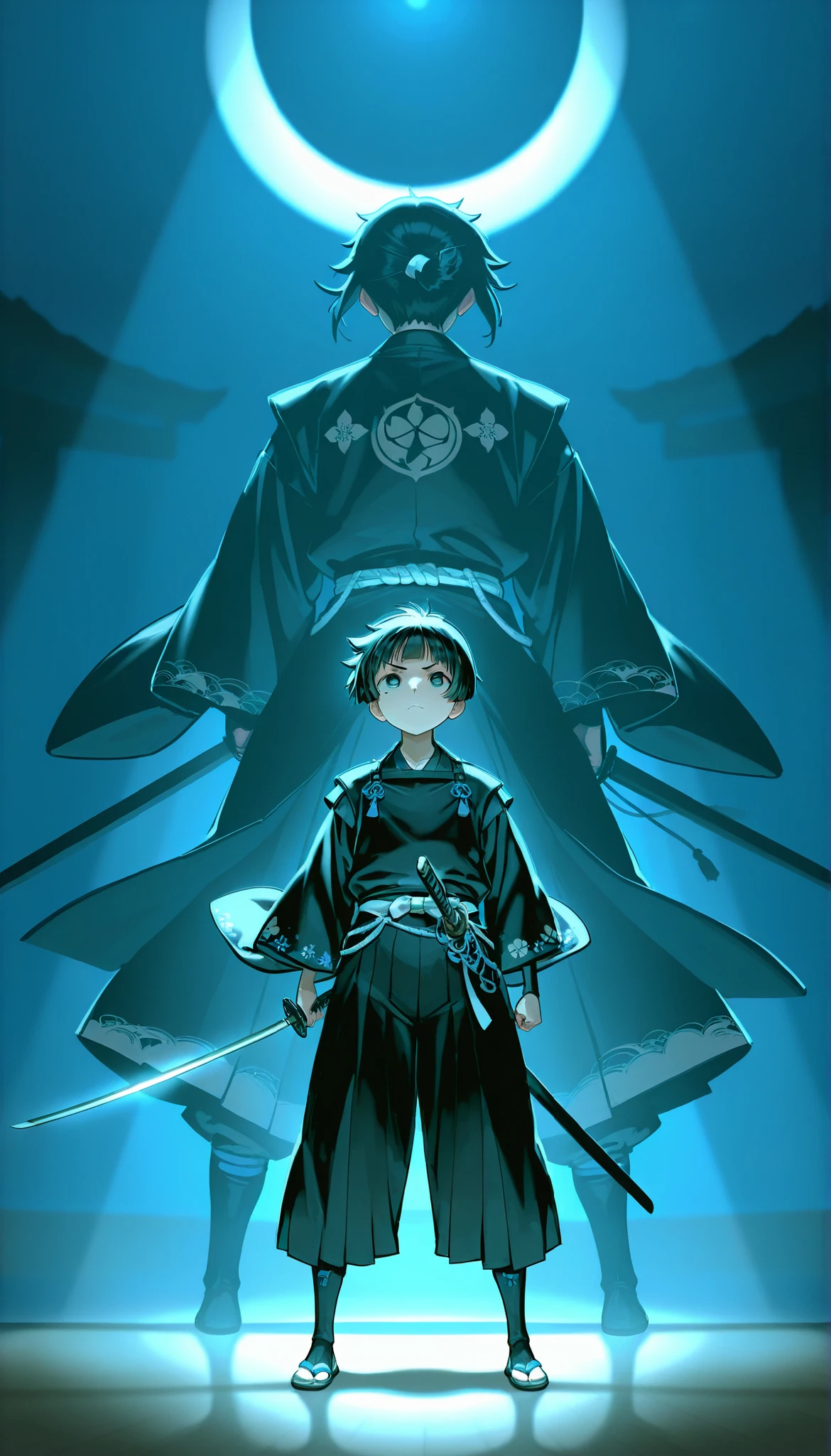 (((Best quality, 8k, Masterpiece: 1.3)), ((best quality)), ((masterpiece)), (detailed), perfect face, (detailed skin:1.3), (intricate details), Stage focus light effect, young boy, samurai, katana, japanese sword, black short hair, classic japanese outfit, solitude, moonlight, at midnight, sadness