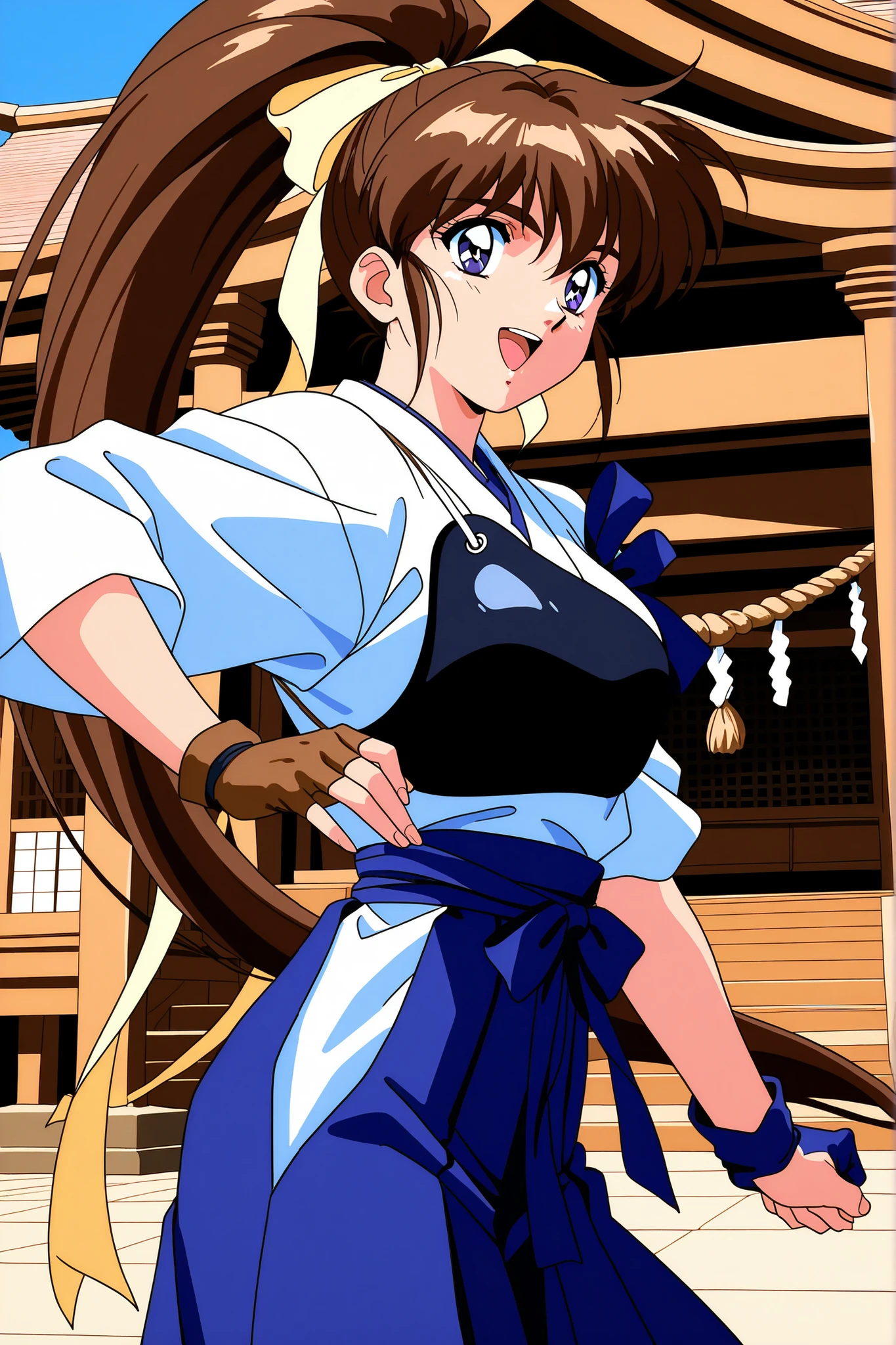 1girl,solo,general,highres, ultra-detailed,very aesthetic,best quality ,best hands, perfect anatomy, BREAK Amatsu_Ai, brown hair, ponytail, very long hair, ribbon, hair ribbon, hair bow, breasts, blue eyes, bangs, purple eyes, high ponytail, 1990s \(style\),anime coloring, BREAK,kyudo wear,kyudogi,dark blue hakama skirt,hakama,kyuudou,yugake,muneate,japanese clothes,right hand glove,single glove,pinky and ring fingerless glove,holding a Japanese bow in the left hand,shrine,from side,smile,open mouth