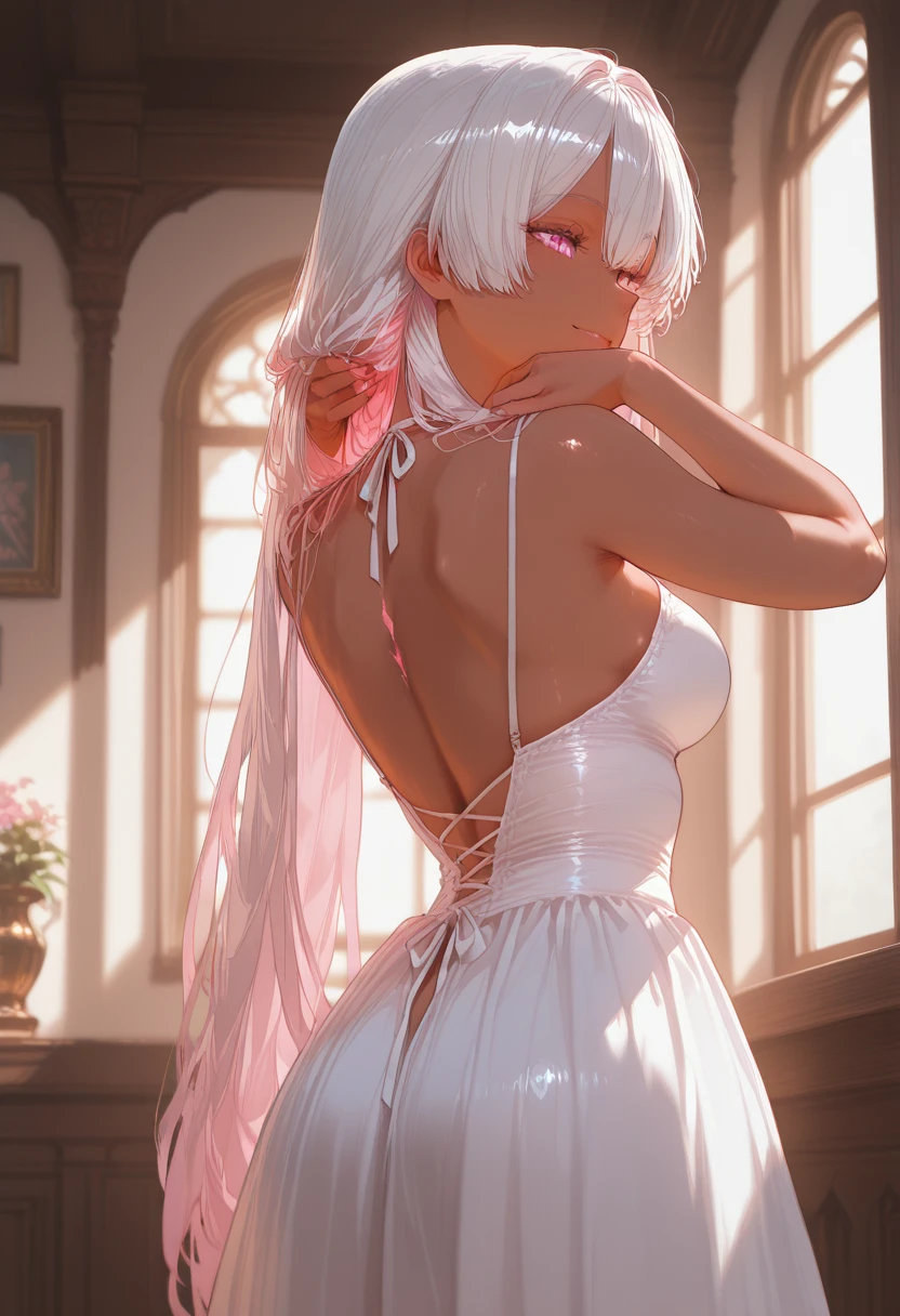 a maid on all fours, Her pink thong barely covers her most intimate areas. The heart-shaped plug protrudes from between her buttocks, a symbol of your property. Her wet pussy shines