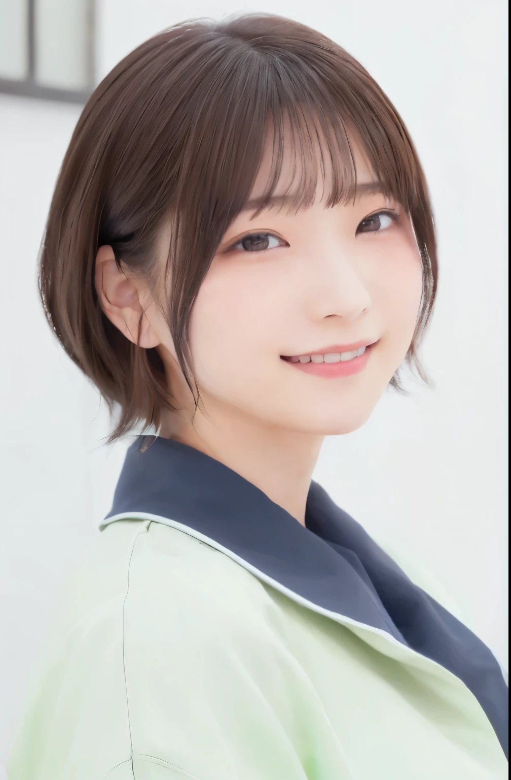 beautiful Japanese woman ,(Winter clothes:1.2), 20 years old、 light green coat、 ( RAW photo, best quality), (reality, realistic :1.4), clean looking 、iris、 Very Detailed Eyes and Face , beautiful detailed nose, beautiful eyes , perfect anatomy over a white blouse , 、髪型ショートカット、薄い茶髪、カメラ目線、 bangs、Crystal Skin, Cool Smile 、 背景は薄暗い部屋の中、