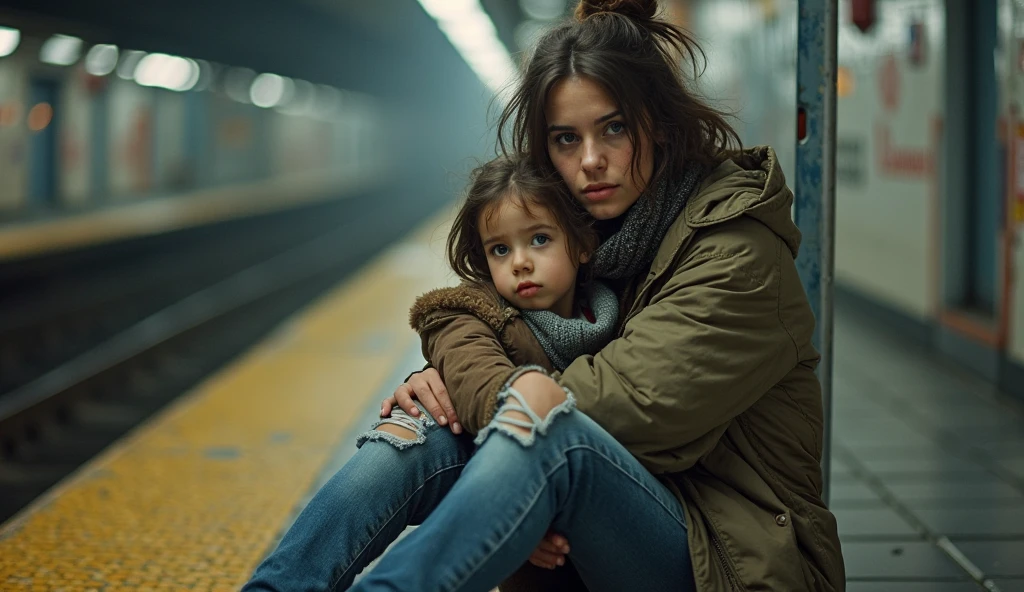 Real professional photograph of two people as the main subjects of the photo, an adult woman and her 8-year-old daughter. They have vibrant blue eyes and long black hair, which is a little messy. They should be sitting together on a sidewalk in a run-down urban environment, with the mother welcoming her daughter. They should both have beautiful, well-defined but somewhat dirty faces and should be looking directly at the camera with serious, introspective expressions, conveying a sense of sadness and vulnerability. They are wearing worn, simple clothes in dark, neutral tones, looking as if they are homeless. The lighting should be soft and natural, coming from the left, highlighting the vibrant blue eyes of the woman and the girl, and creating subtle shadows on their faces. The background should be blurred, but still recognize elements of a degraded urban landscape, such as faded graffiti on a wall, garbage or debris, and other structures that suggest poverty and abandonment. The sidewalk should be visible, with a rough texture and signs of wear. The color palette should be cool and desaturated, with soft shades of grey, brown and blue, emphasizing the sombre and melancholic atmosphere of the scene. The image must be high-resolution, with professional photographic quality and attention to detail that conveys the realism and harshness of life on the streets. 8k rendering, extreme detail, realistic portrait.
