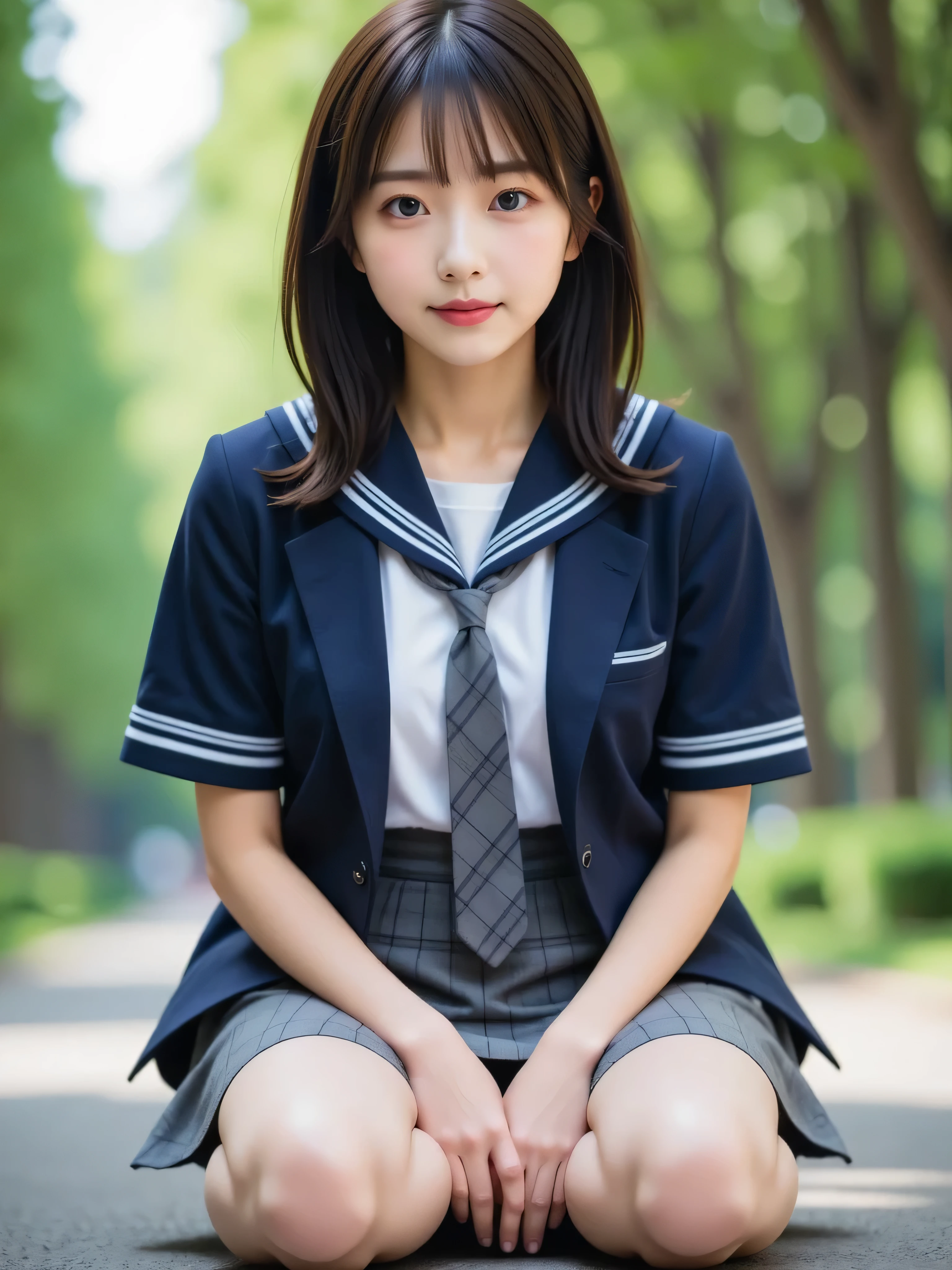 (8k), ( best quality : 1.2), (Realistic), (Realistic: 1.37), ultra high resolution with forest background, ( 1 girl), cute, smile, closed mouth , beautiful detail, Beautiful Nose, ponytails bleeding from the vagina, Giant Dulcefo, pork, Thighs,Self Snap, school uniform,( simple dark blue blazer ), pleated skirt ,( The skirt and tie have a gray tartan check pattern....:1.3),( sitting :1), Sit on the ground,( Hug Your Feet :1),( pink stockings ),do,Knee, loafers in white
