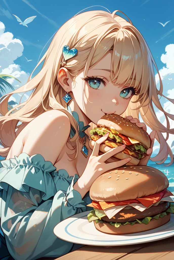 American woman in bikini and shirt making oversized burger Blonde