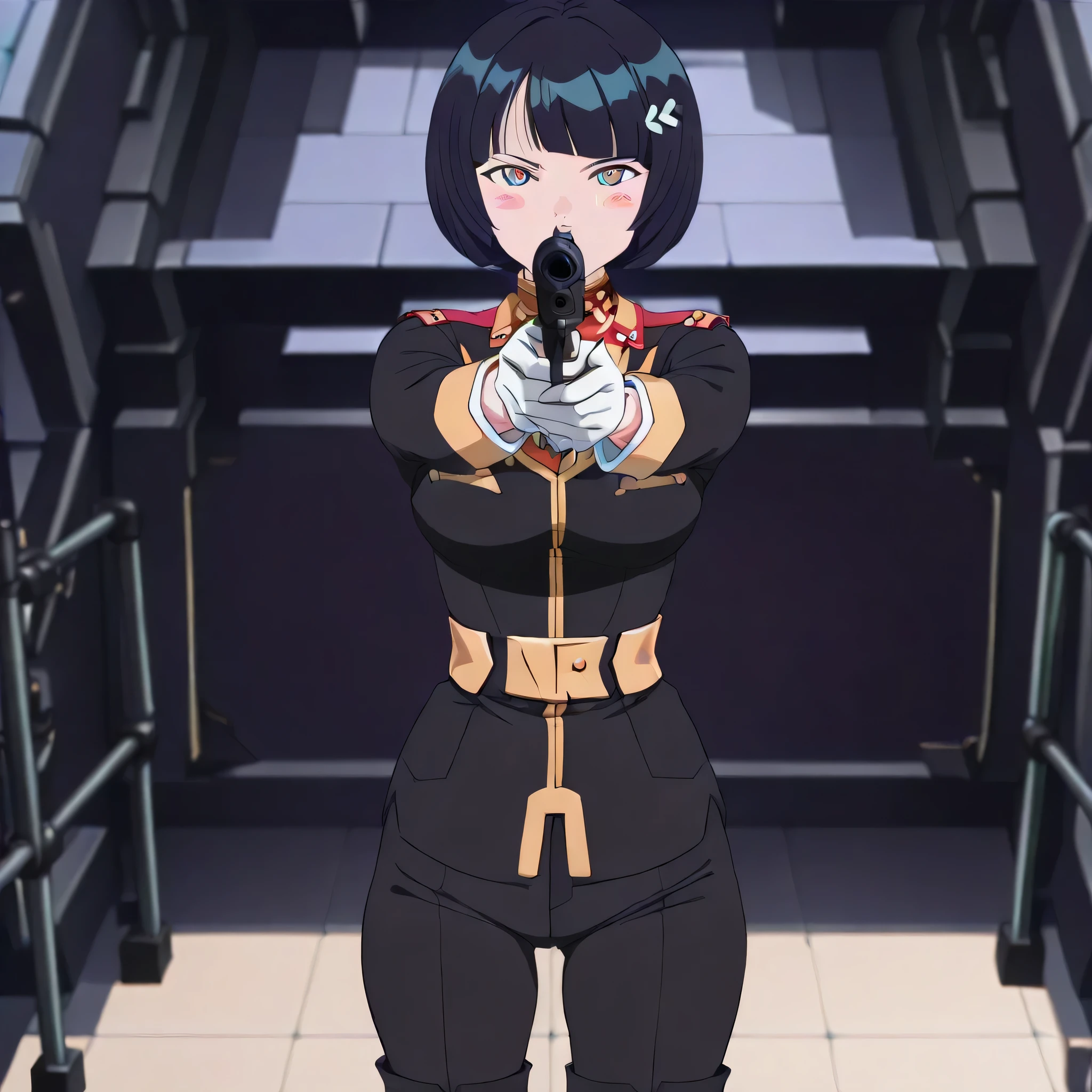 ultra-High resolution, score_9,score_8_up,score_7_up,score_6_up,score_5_up,score_4_up, BREAK, source_anime, anime screencap, uncensored, rating_explicit, Masterpiece, curvy, dark persona, looking at viewer, Fighting Stance, (((solo, 1girl))), hair ornament, (((zabiarov, military uniform, white gloves, black pants, boots, black uniform))), ZetaGBTT, seductive pose, submissive pose, large breast, shiikosugai, short hair, multicolored eyes, blue eyes, black hair, bob cut, bangs, blush stickers, blunt bang, SHIIKO1, (((holding gun, gun, aiming, aiming at viewers))), standing
