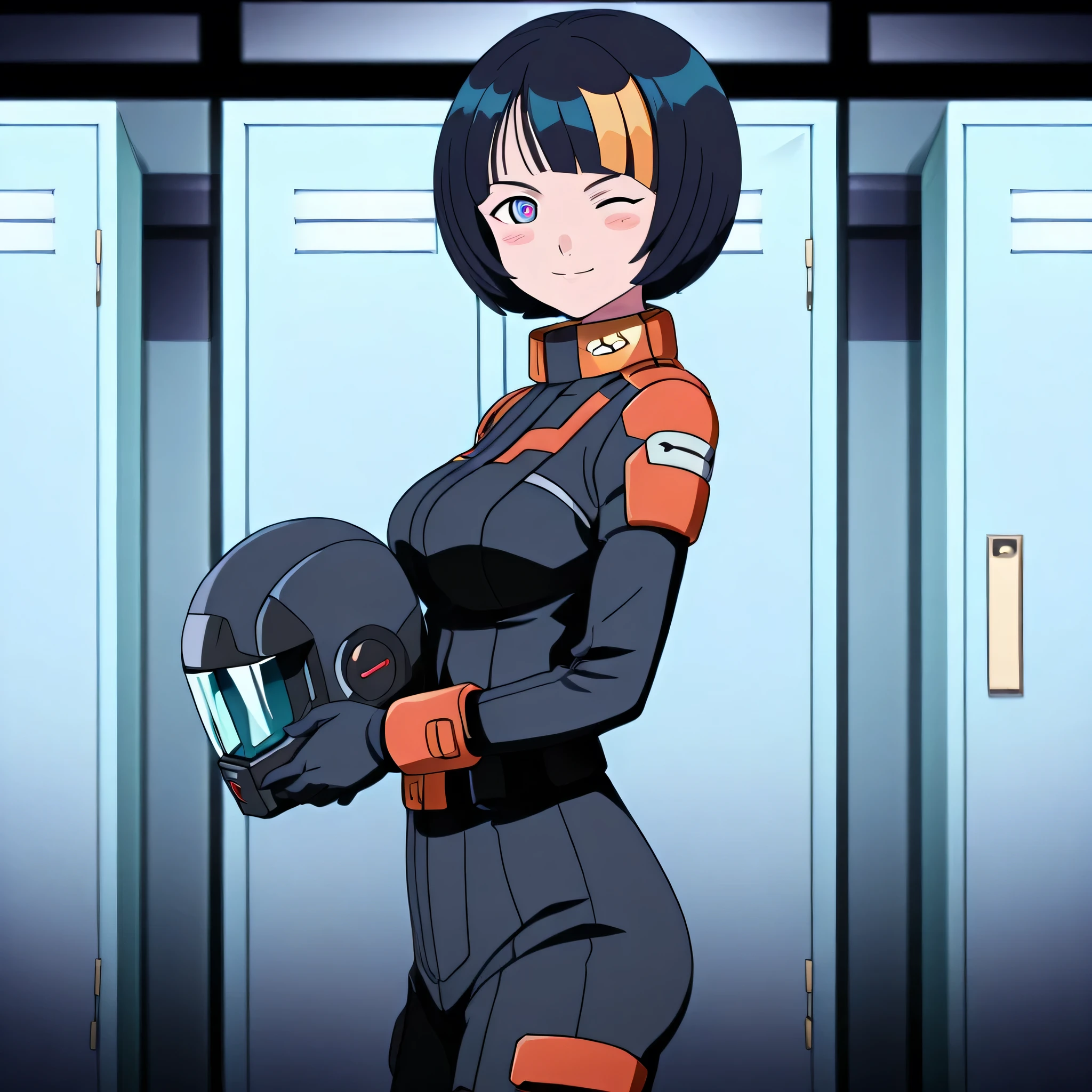 ultra-High resolution, score_9,score_8_up,score_7_up,score_6_up,score_5_up,score_4_up, BREAK, source_anime, anime screencap, uncensored, rating_explicit, Masterpiece, curvy, dark persona, looking at viewer, Fighting Stance, (((solo, 1girl))), hair ornament, (((zabiarov, pilotsuit, black pilotsuit, pilot gloves, pilotshoes))), ZetaGBTT, seductive pose, submissive pose, interior spaceship, large breast, shiikosugai, short hair, multicolored eyes, blue eyes, black hair, bob cut, bangs, blush stickers, blunt bang, SHIIKO1, locker room, smile, wink, looking from side, view from side, from side, holding helmet, standing