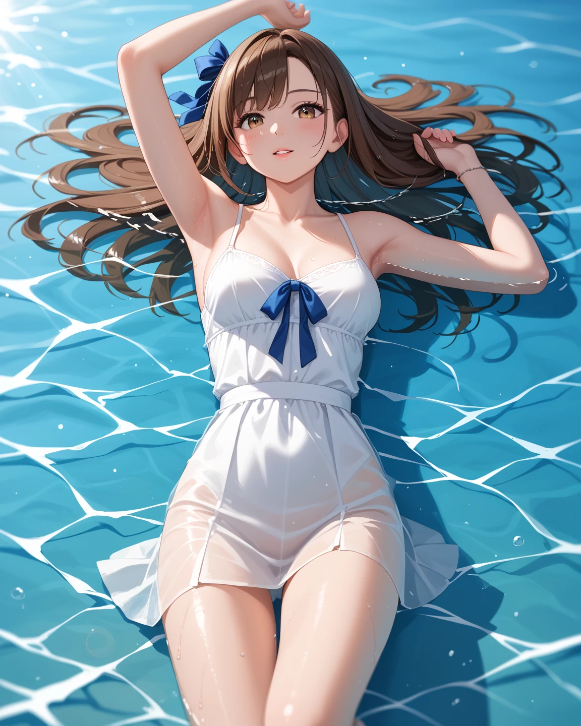 ((Metallic one-piece_swimsuits, lying on the water and floating, Mediterranean Sea)), skindentation, skinny, solo, 1 woman, Masterpiece, highest quality, highest quality, 16K, incredibly absurd, highly detailed, 2.5D, ai-generated, delicate and dynamic, very delicate facial expressions, delicate eye depiction, erotic, only sexy woman, healthy figure, 25-year-old woman, bride, 160cm tall, medium firm swaying bust, (dark hair), black eye, blush, Sweat,Embarrassed,sexy, ((thin thighs)), (Erect nipples:1.0), (visible nipples:1.0), (camel toe:0.8), ((shiny and lustrous)), facing straight at viewer, ((brown_skin:1.5)), ((Oily_skin)), sweaty skin, wet skin, dutch angle, sexy pose,lying,