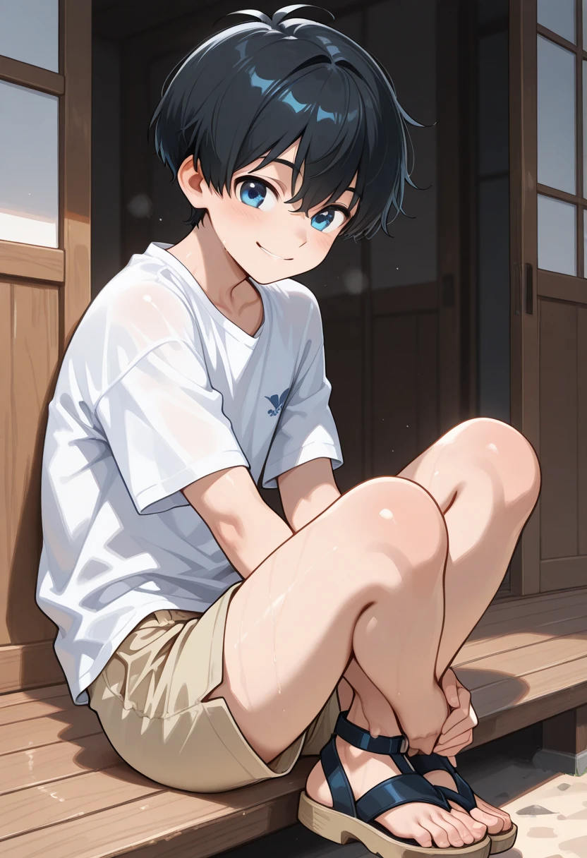 ((A boy))，adorable captivating，in a white shirt，He looked sad，Barefoot，sat on the ground。The blush gradually rises，Shy, But handsome。The picture style is fresh and simple，Rendered like a comic，The lens is shown as a vista，（Anime style+Soft cute），((Anatomically correct))，Accurate，(tmasterpiece，best qualtiy：1.2)