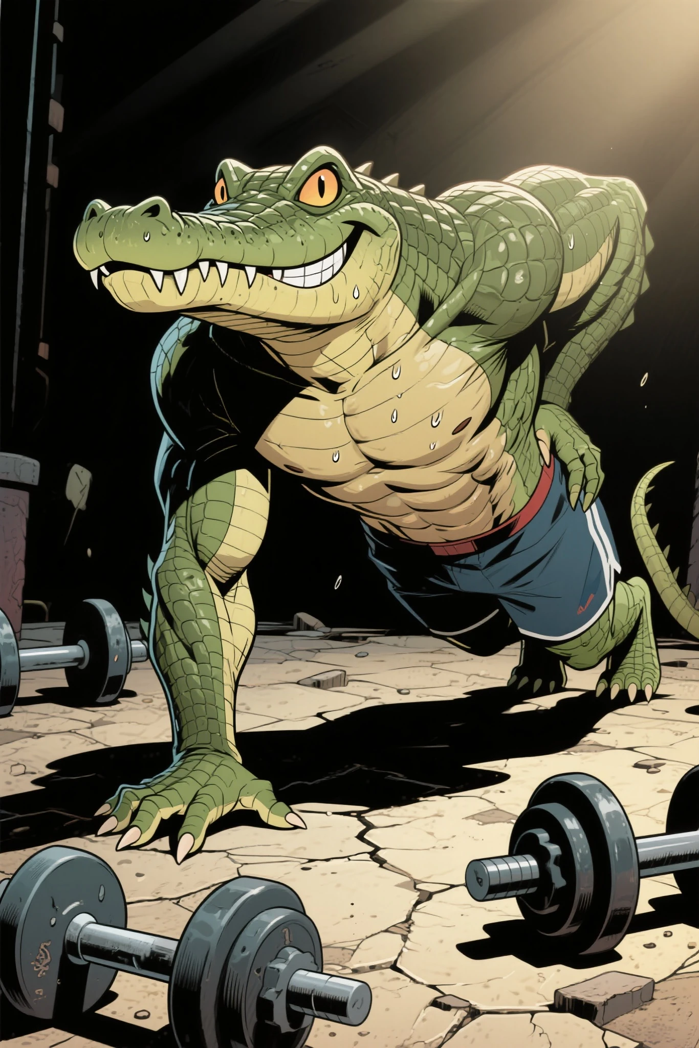 with a sharp face and a confident smile々The alligator man from、Doing push-ups with only one index finger,with his other hand on his lower back,his body is tense and tight,raised muscles and blood vessels that stand out,Sweaty on the skin,He is muscular々、has impressive, otherworldly eyes,The ground under his fingers、is cracked over under that pressure,The scene is dynamic, powerful, and humorous,mystical atmosphere,animation cel,American comic, The body is in a straight line、the abs and back muscles are tight、the muscles of the whole body are tense,clearly depicts how only one index finger is grounded on the ground、the other fingers are floating,the face looks at the camera with a relaxed smile and a confident expression,The alligator man in the anthropomorphic crocodile,The scene shows strength training equipment such as dumbbells and barbells rolling on the floor