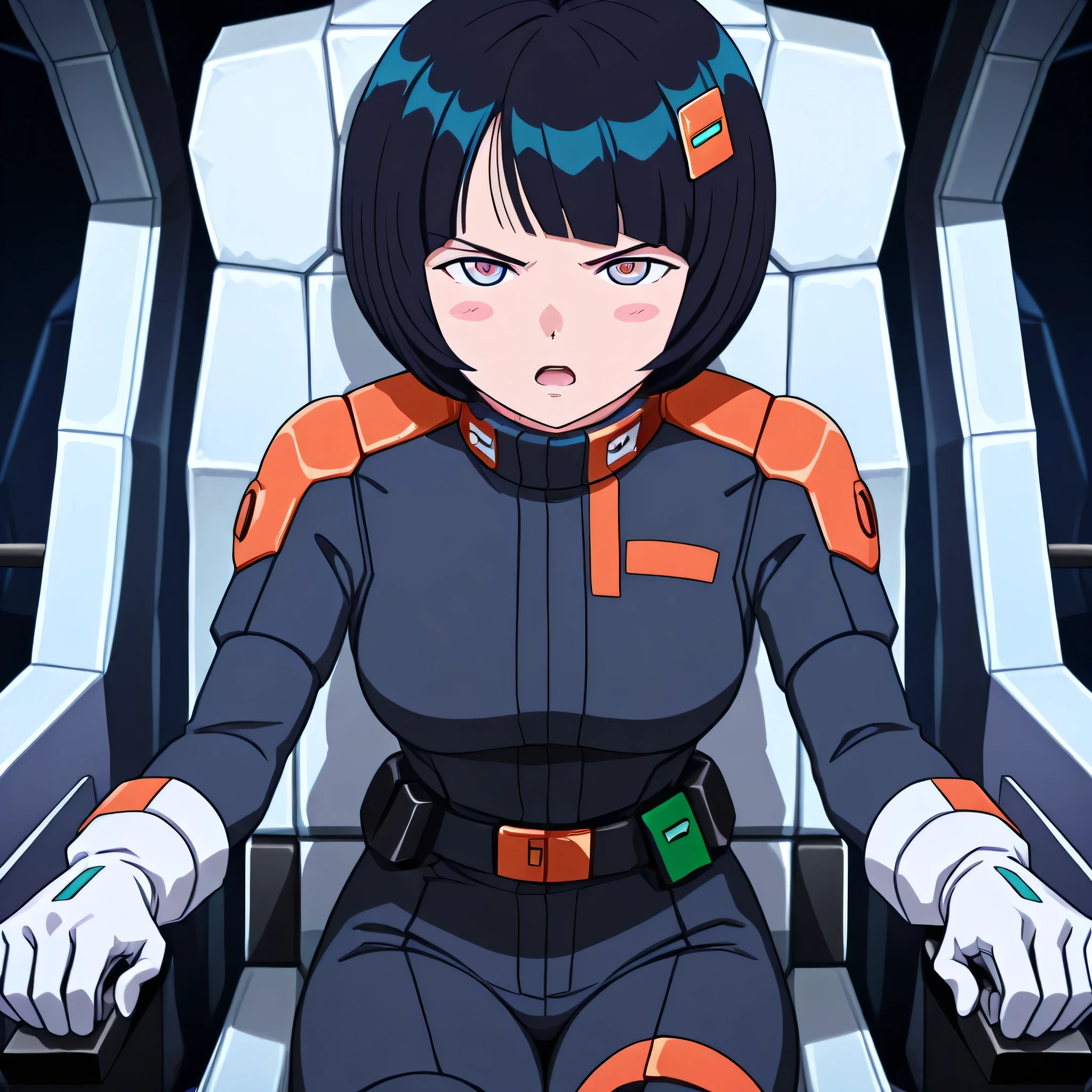 ultra-High resolution, score_9,score_8_up,score_7_up,score_6_up,score_5_up,score_4_up, BREAK, source_anime, anime screencap, uncensored, rating_explicit, Masterpiece, curvy, dark persona, looking at viewer, Fighting Stance, (((solo, 1girl))), hair ornament, (((zabiarov, pilotsuit, black pilotsuit, pilot gloves, pilotshoes))), ZetaGBTT, seductive pose, submissive pose, interior spaceship, large breast, shiikosugai, short hair, multicolored eyes, blue eyes, black hair, bob cut, bangs, blush stickers, blunt bang, SHIIKO1, mecha pilot suit, utility belt, white gloves, cowboy shot, straight-on, cockpit, leaning forward, serious expression, open mouth, sitting