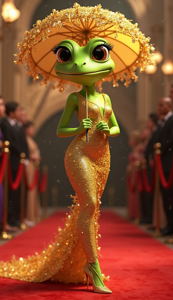 breathtaking cinematic film still an anthro humanoid frog woman, (full body:1), wearing a beautiful red dress, shallow depth of field, vignette, highly detailed, high budget Hollywood film, bokeh, cinemascope, moody, epic, gorgeous, film grain, masterpiece, award-winning, professional, highly detailed