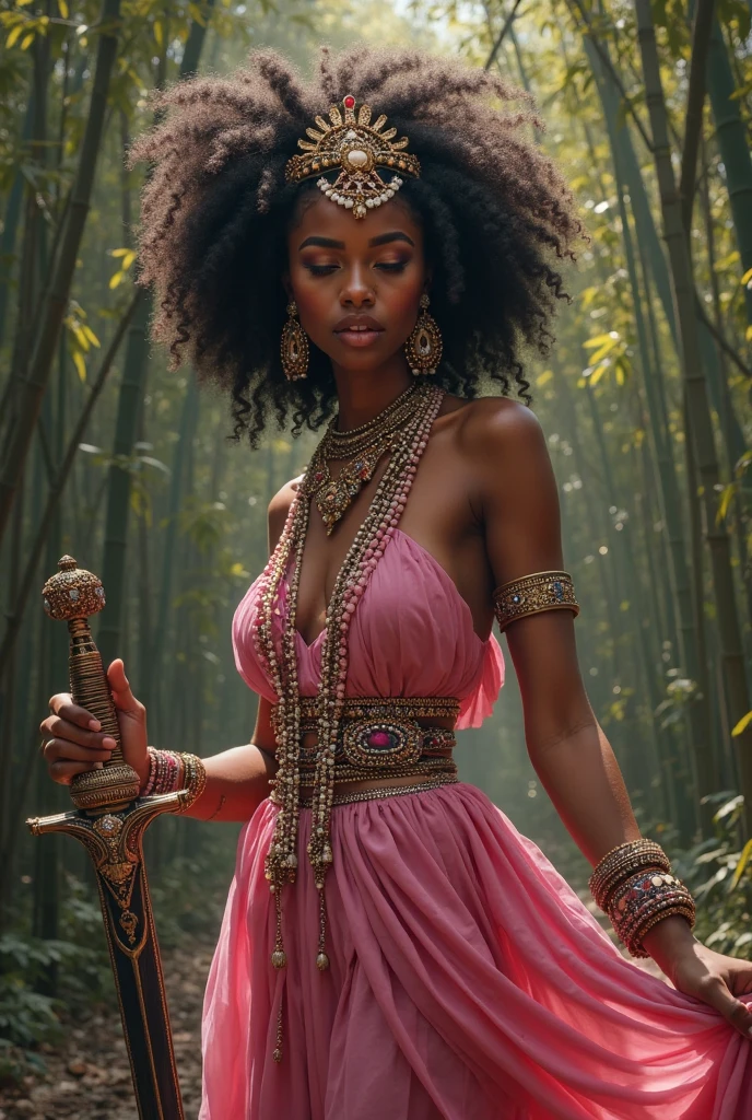 Black orisha warrior with curly hair holding a curved sword in her hand, wearing a hot pink dress in a creek in the woods