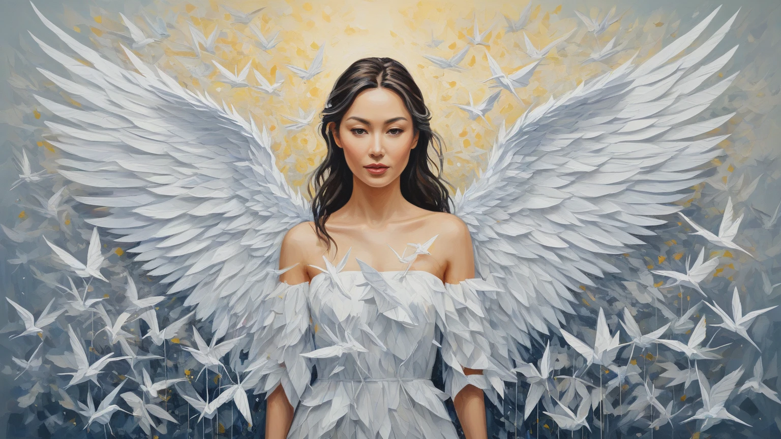 Ethereal photograph of a mystical girl with straight black hair. eigtheen years, with open arms, radiating light around him and ascending to the sky. Body naked. His feet are golden. Huge open white wings, spiritual, sublime, sacred, rising above a green and flowery plateau. Digital art. Fine details on face and body. High definition.