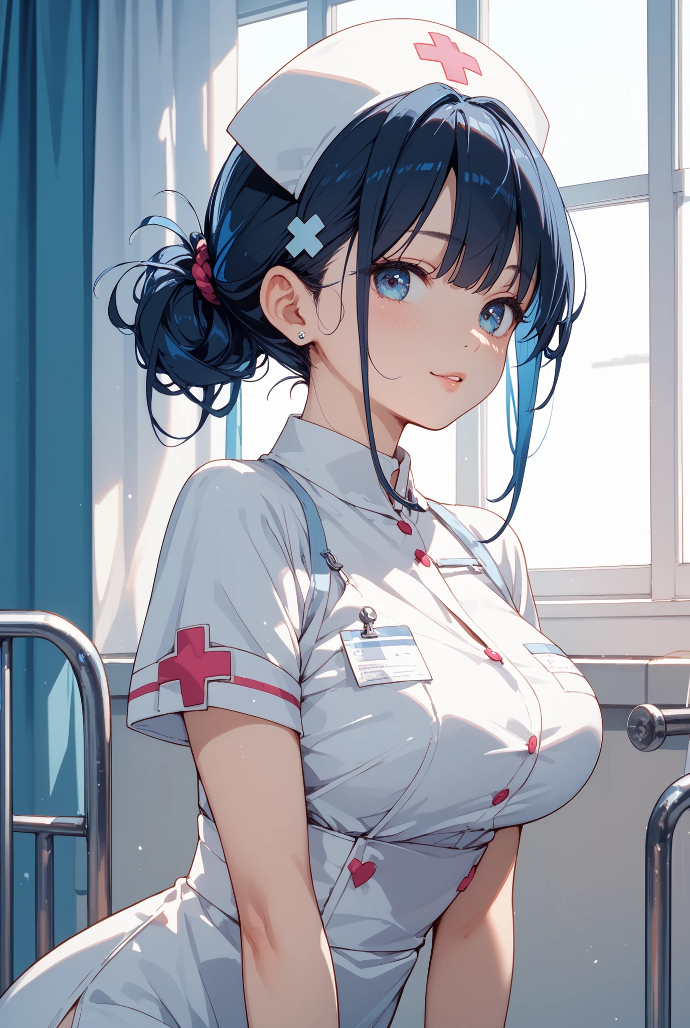 ((Top Quality)), ((Excellent)), (Detailed), ((Angel)), Ultra-Realistic, Stunning Environment, Vivid Colors, , Black Hair, (Young Face), ((Straight Hair)), Shiny Hair, Medium Breasts, ((Nurse Uniform)), (Nurse), ((From Above)), ((Blue Eyes)), Half-Smiling, (Close-Up), Upper Body, Shiny Hair, Blunt Bangs, ((Medium Breasts)), Crawling Position, ((Blue Eyes)), Masterpiece, Ultra-Realistic, ((Emphasized Cleavage)), ((Close-Up)), ((Nude)), On Bed, Natural Light, Vivid Colors, ((Close-Up)), Hospital,
