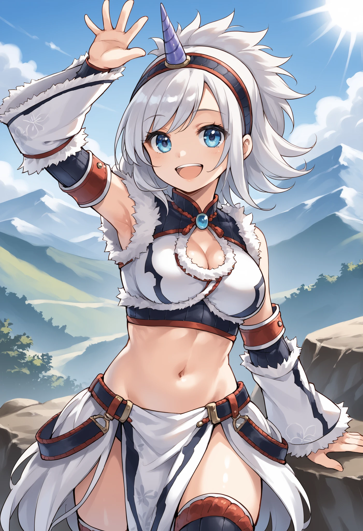 best quality, integrated scenery, integrated background, extremely delicate and beautiful, meticulous details, good composition, , cute face, perfect face,( score_9:0.9), score_8_up, score_7_up,rating_safe, anime style,(zPDXL), Armor , young_girl, Alone, single_purple_horn Hairband, Blue Eyes , belly button,large_breasts, white loincloth, white kimono sleeve , smile, mountain background, monochrome, white bandeau, armpit,raise_arm,(abs:0.65),smile,spiky_bangs,sunlight,spikey_shaggy_hair,oil,knee-highs,large_breasts, Waving_one_hand,open_mouth,