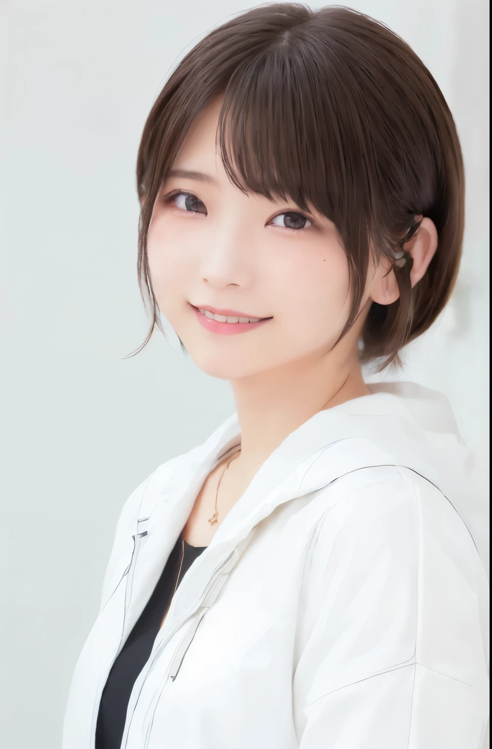 beautiful Japanese woman ,(Winter clothes:1.2), 20 years old、 Down Jacket、shirt、necklace、、 ( RAW photo, best quality), (reality, realistic :1.4), clean looking 、iris、 Very Detailed Eyes and Face , beautiful detailed nose, beautiful eyes , perfect anatomy over a white blouse , 、hairstyle shortcuts、black hair、ear piercing、、looking at camera、 、Crystal Skin, Cool Smile 、 The background is in a dim room、