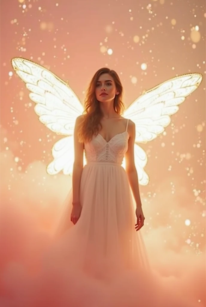 Redhead Caucasian woman, Bela. Wavy hair. rosto angelical. Wearing a pastel pink fairy style outfit, with a long veil-style train, she is on a stage singing , with fans around. A beautiful scene, looking like Florence and the Machine