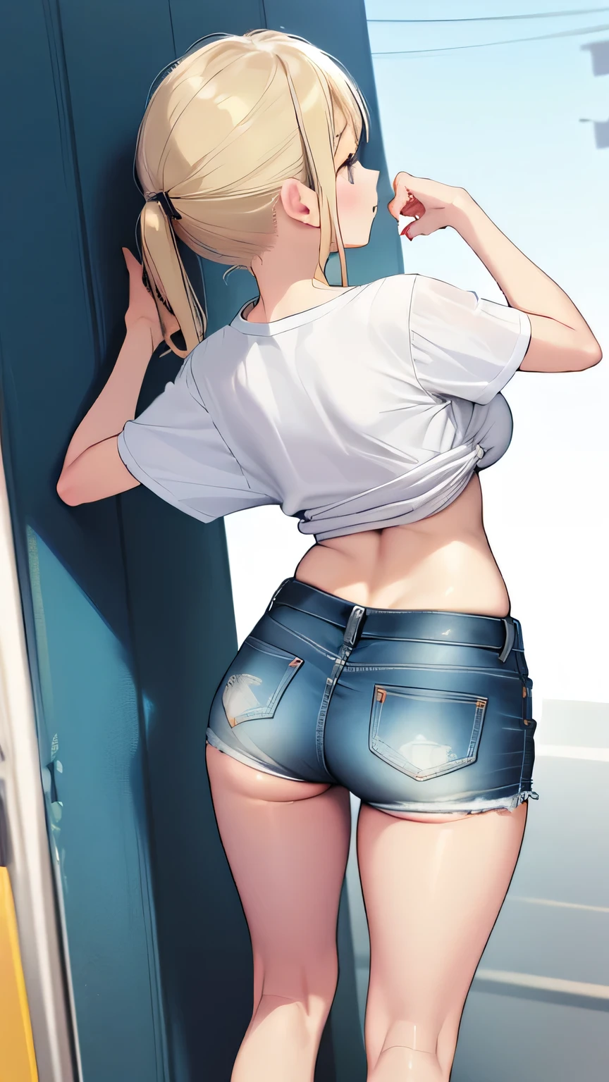 1 girl bending forward style is sticking out the buttocks denim mini shorts perfect for buttocks Buttocks sticking out of the hem of shorts white t-shirt bra is visible through angle from behind blonde gal Big Breasts healthy skin pitch thighs